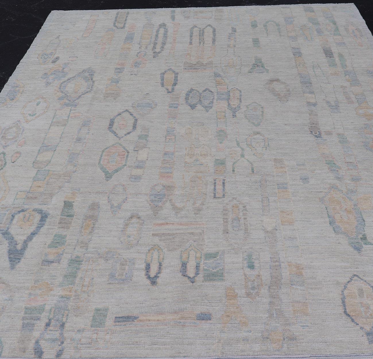 Modern Tribal Rug with Soft Gray and Pastel Geometric Patterns 9'0 x 11'11 For Sale 2
