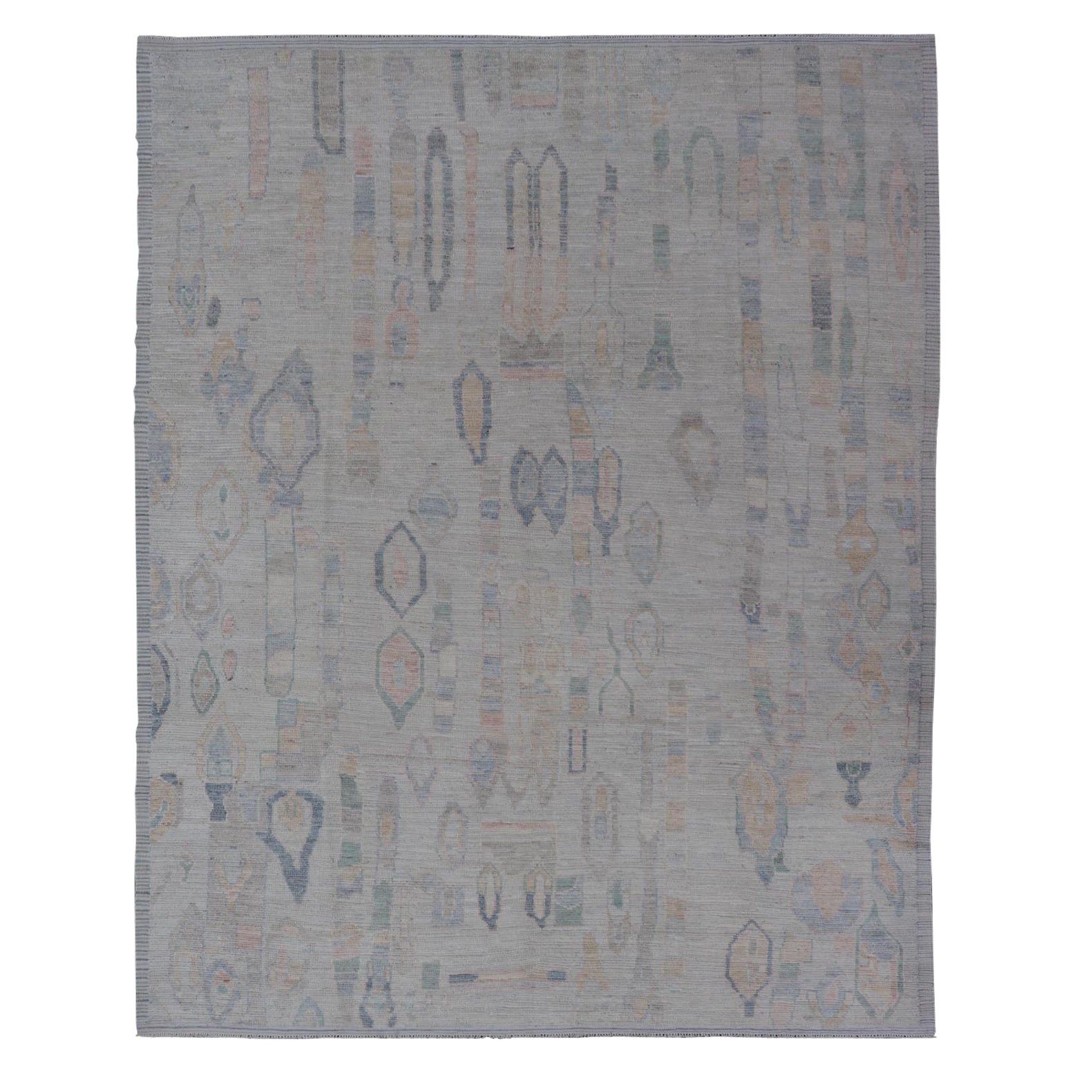 Modern Tribal Rug with Soft Gray and Pastel Geometric Patterns 9'0 x 11'11