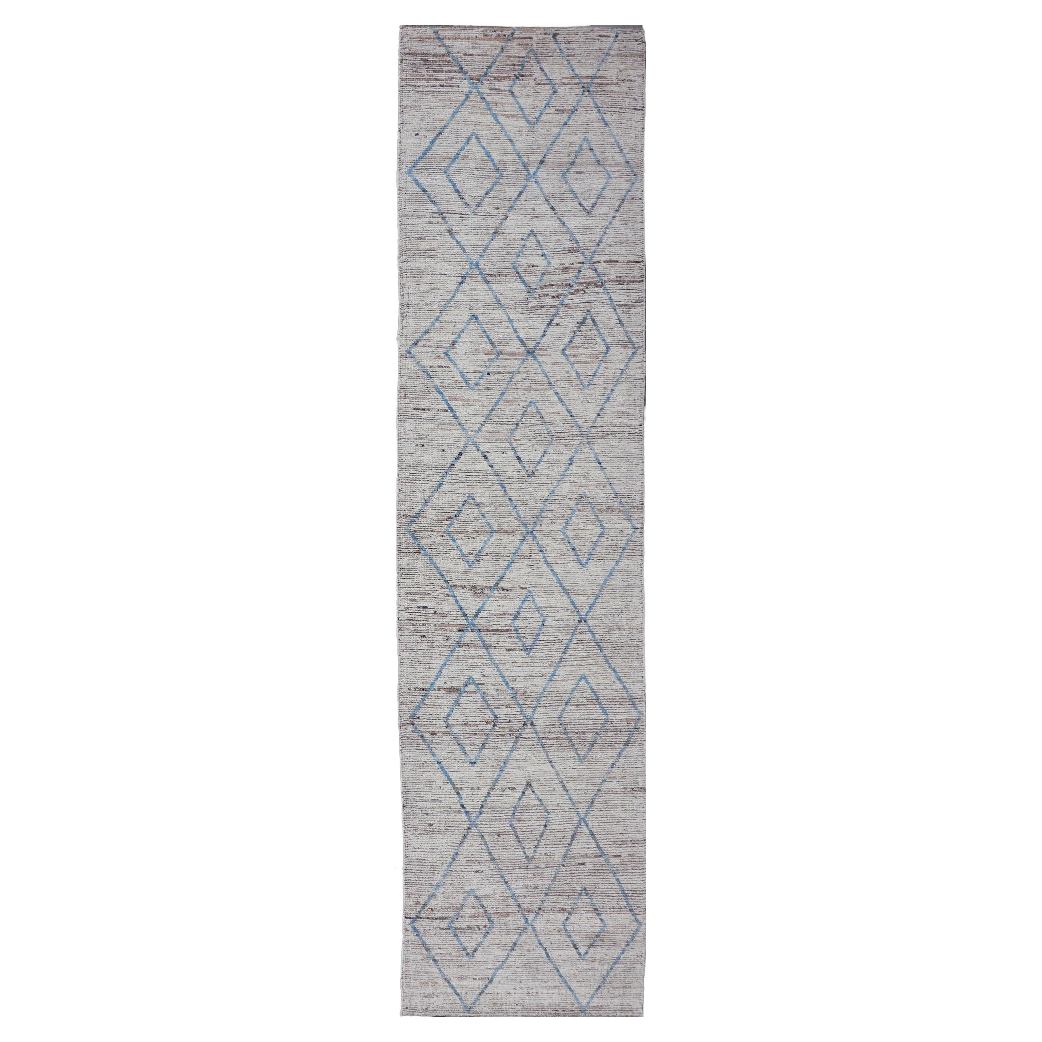 Modern Tribal Runner in Wool with Sub-Geometric Diamond Design in Cream and Blue For Sale