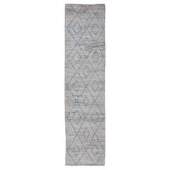 Modern Tribal Runner in Wool with Sub-Geometric Diamond Design in Cream and Blue