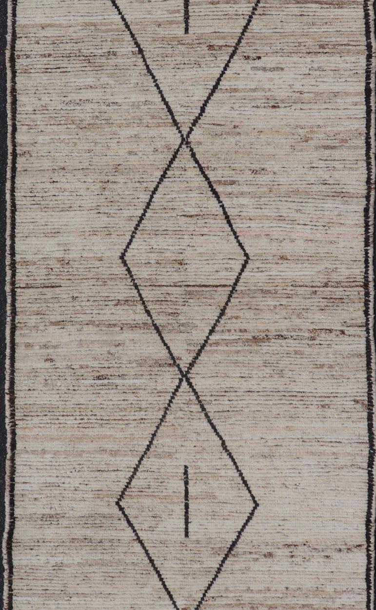 Wool Modern Tribal Runner  with Sub-Geometric Diamond Design in Cream and Brown For Sale
