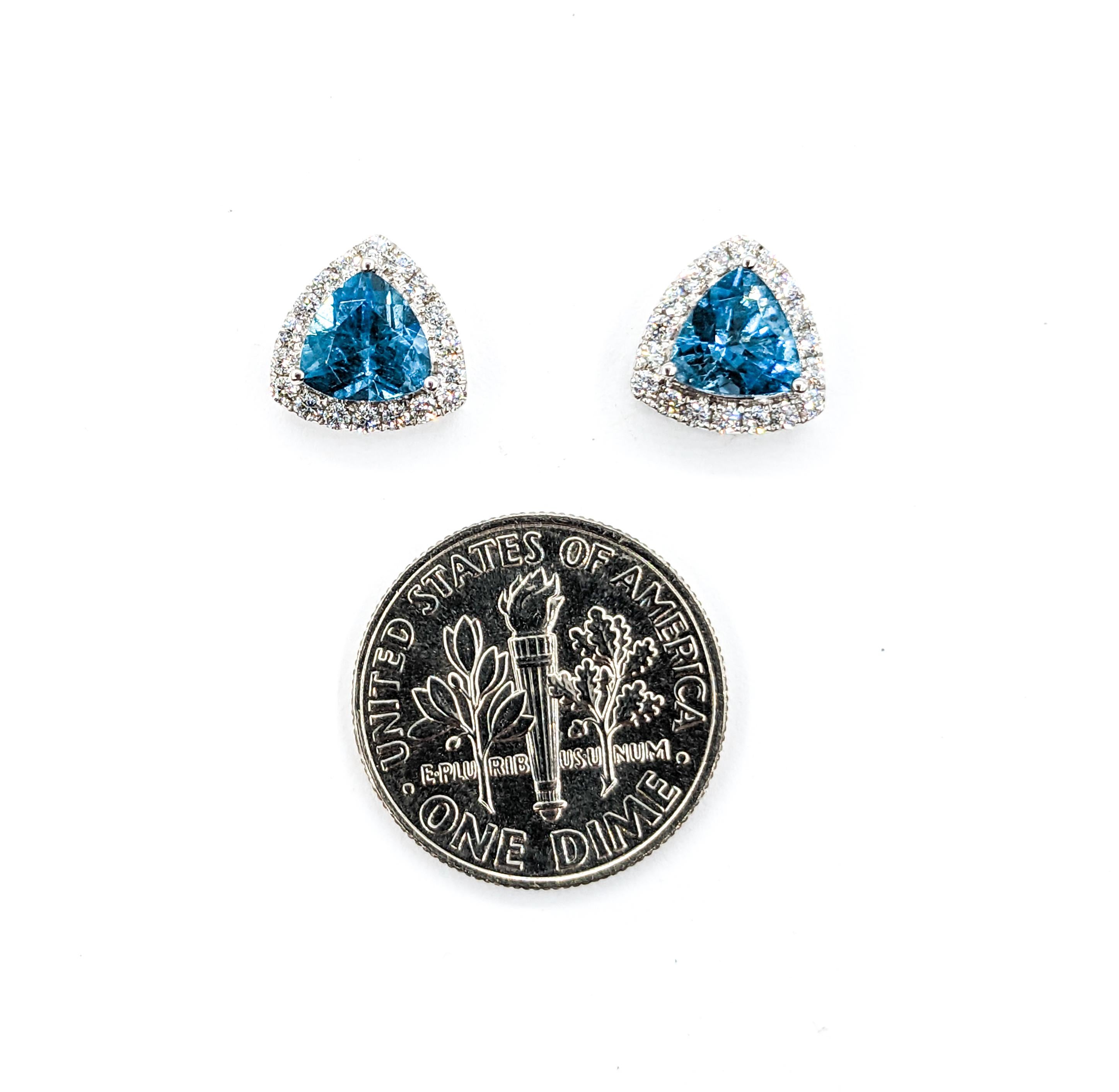 Contemporary Modern Trillion Cut Aquamarine & Diamond Stud Earrings For Sale