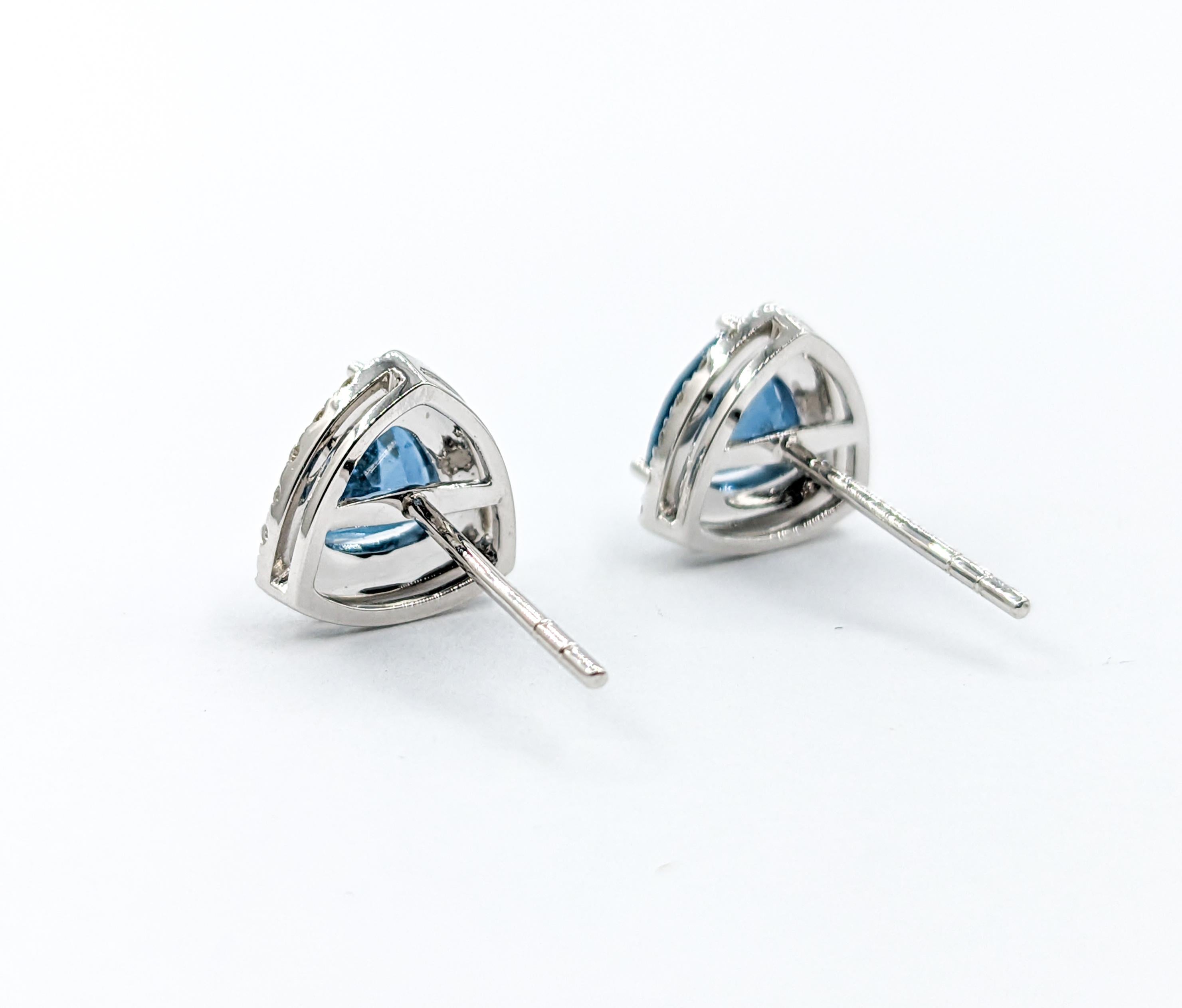 Modern Trillion Cut Aquamarine & Diamond Stud Earrings For Sale 2