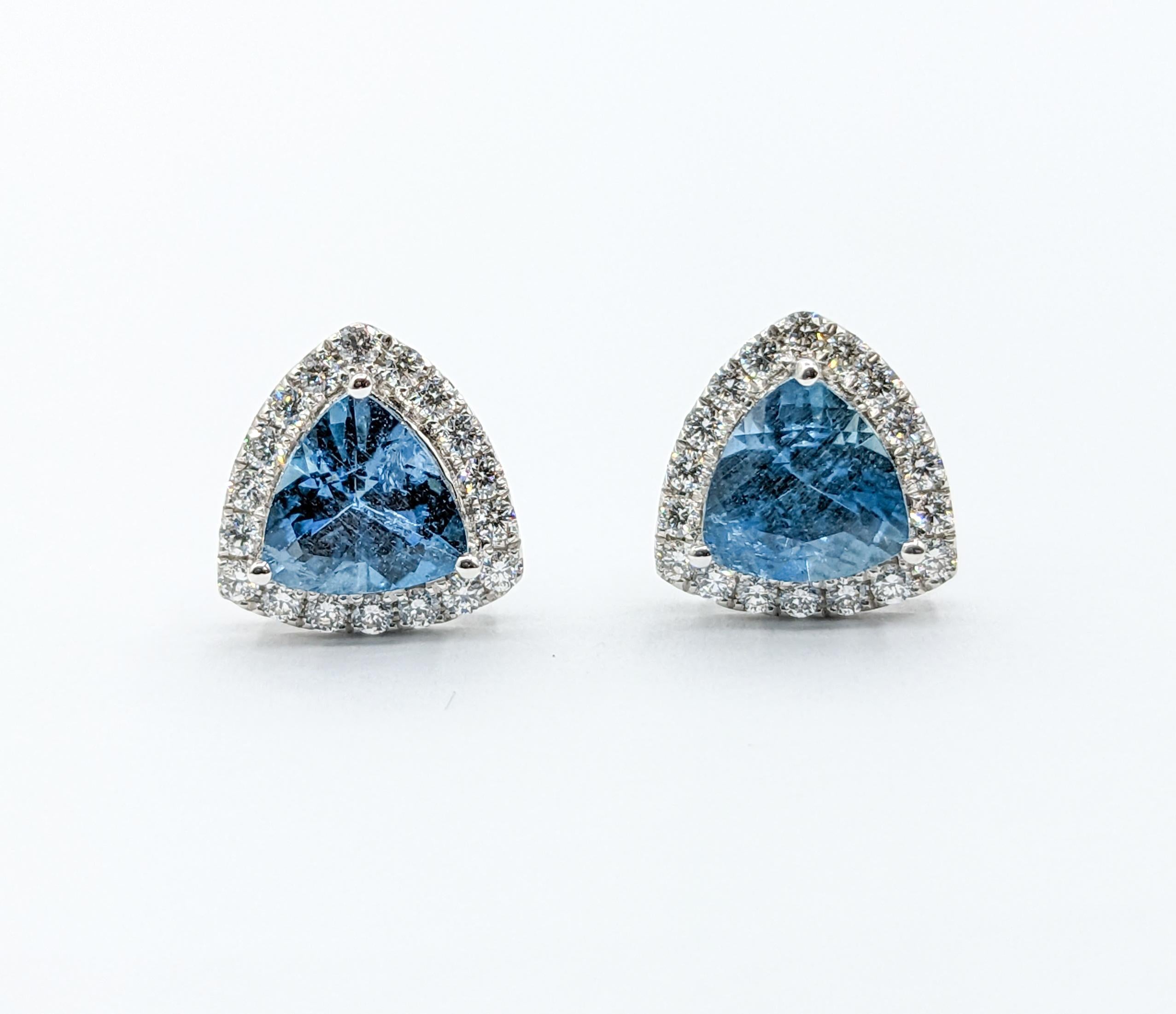 Modern Trillion Cut Aquamarine & Diamond Stud Earrings For Sale 3