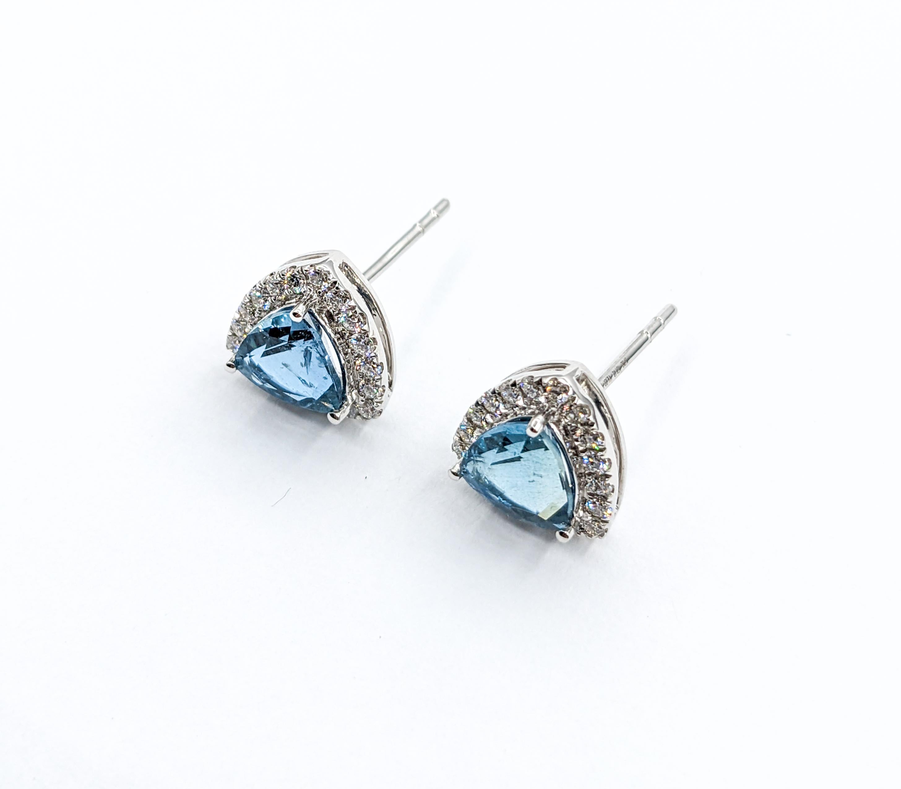 Modern Trillion Cut Aquamarine & Diamond Stud Earrings For Sale 4