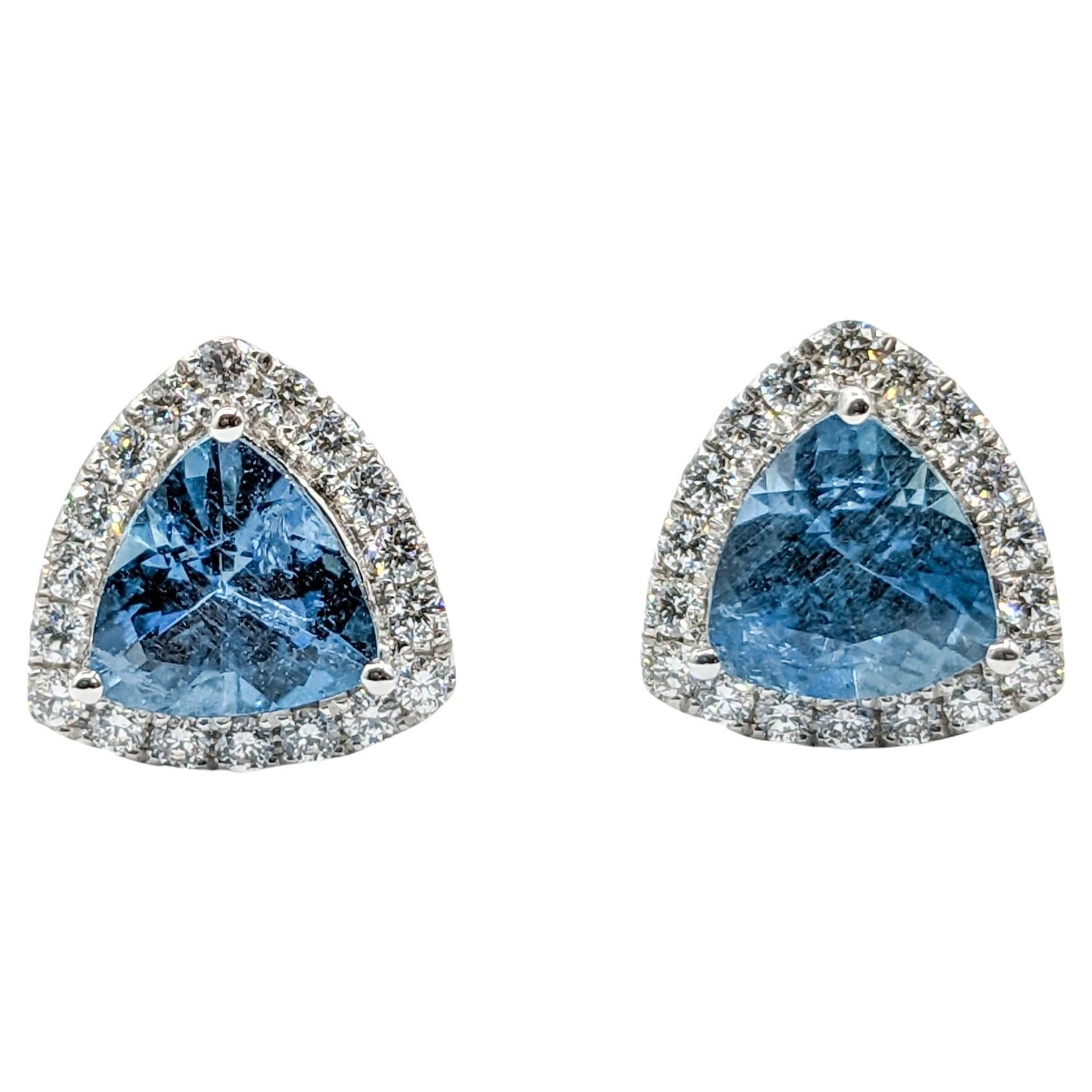 Modern Trillion Cut Aquamarine & Diamond Stud Earrings For Sale