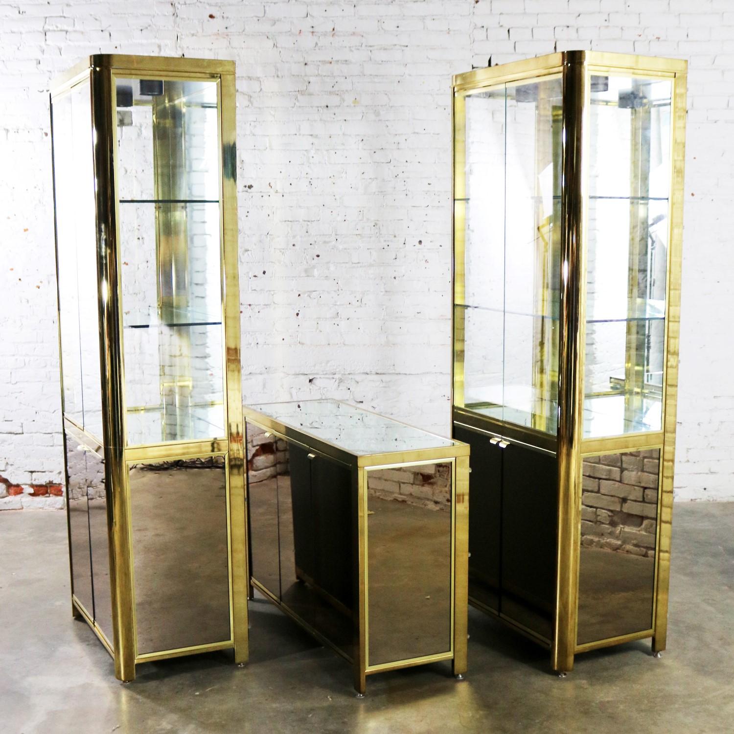 American Modern Triple Lighted Vitrine Display Cabinet Brass Glass and Mirror Style Ello