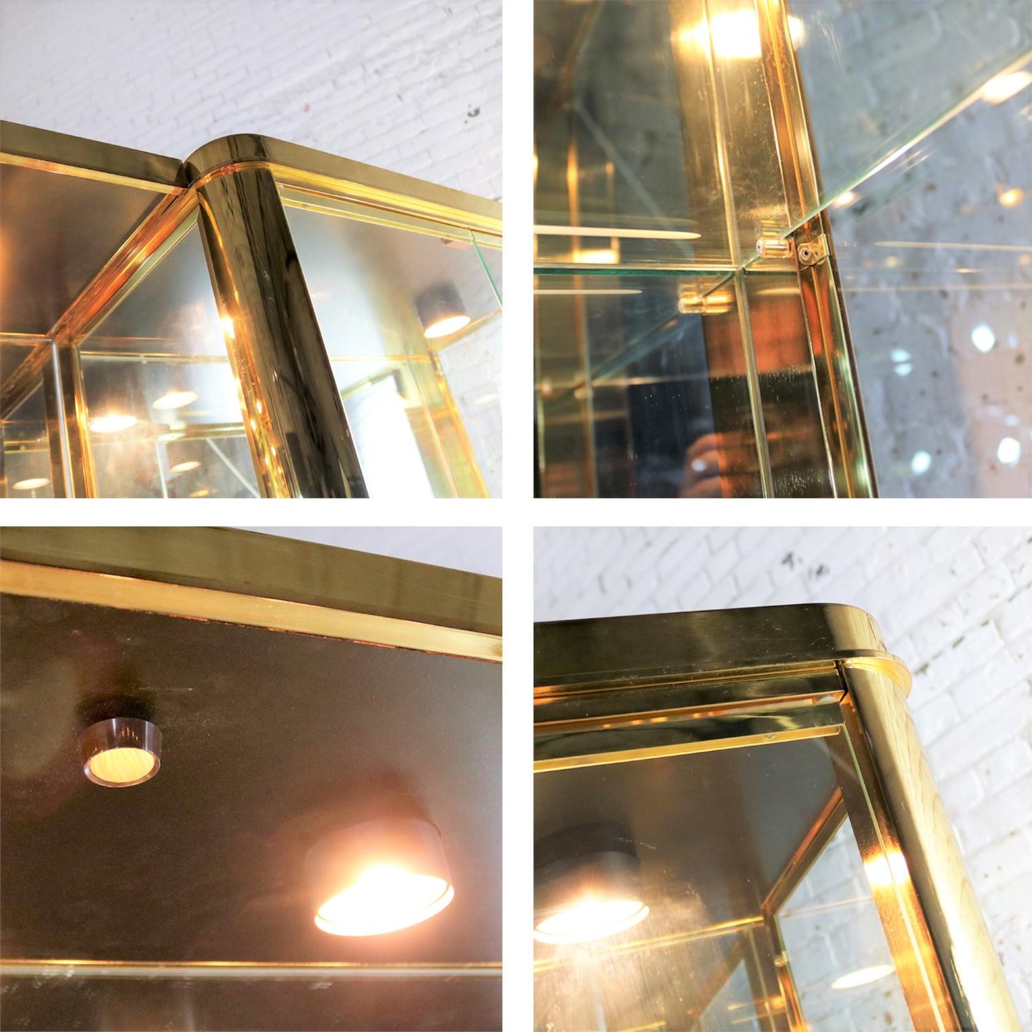 20th Century Modern Triple Lighted Vitrine Display Cabinet Brass Glass and Mirror Style Ello