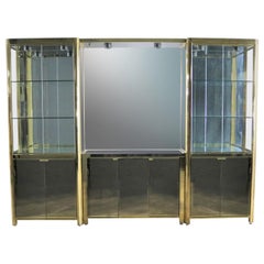 Modern Triple Lighted Vitrine Display Cabinet Brass Glass and Mirror Style Ello