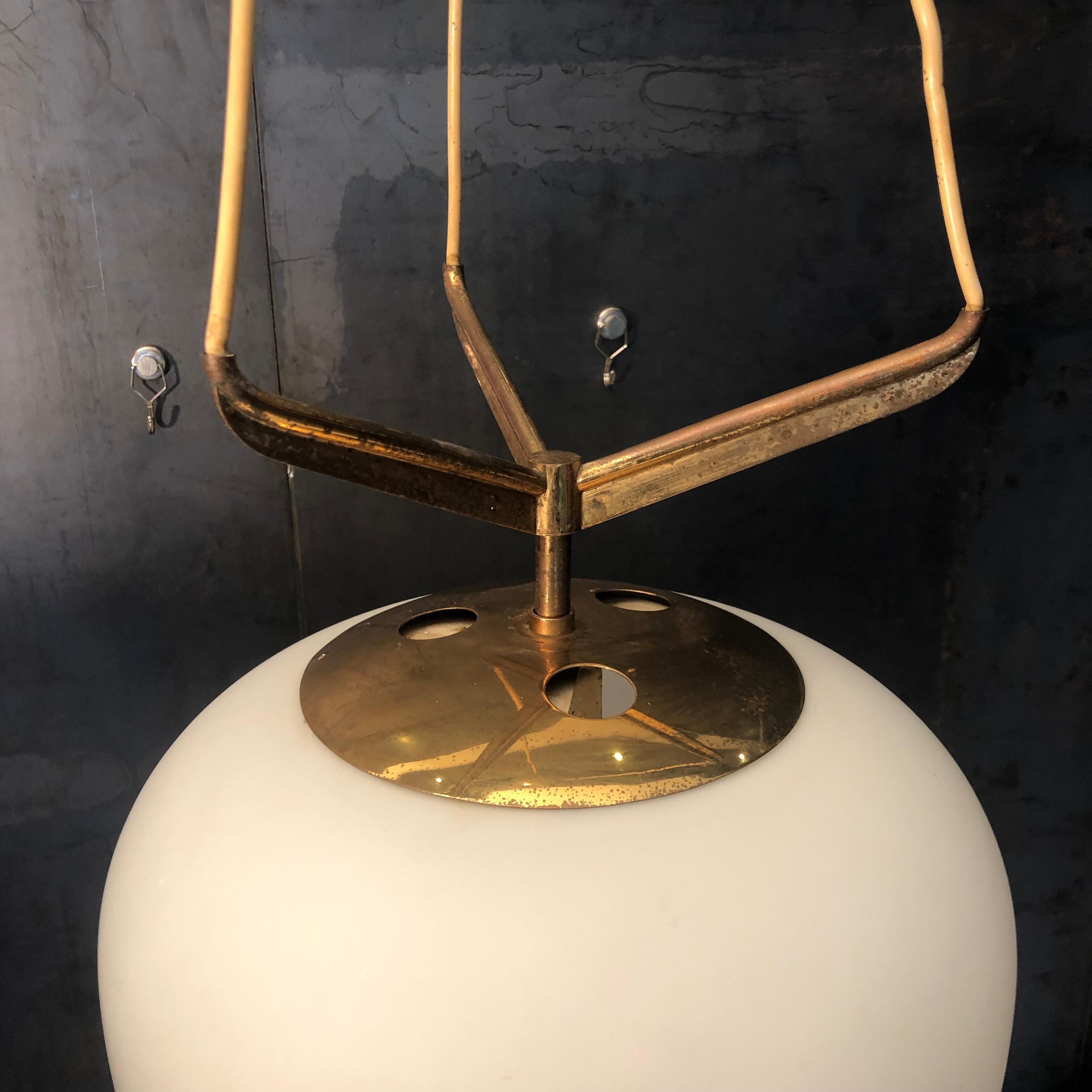Modern Triple Opaline Glass and Brass Pendant Light by Stilnovo, Italy, 1950s For Sale 5