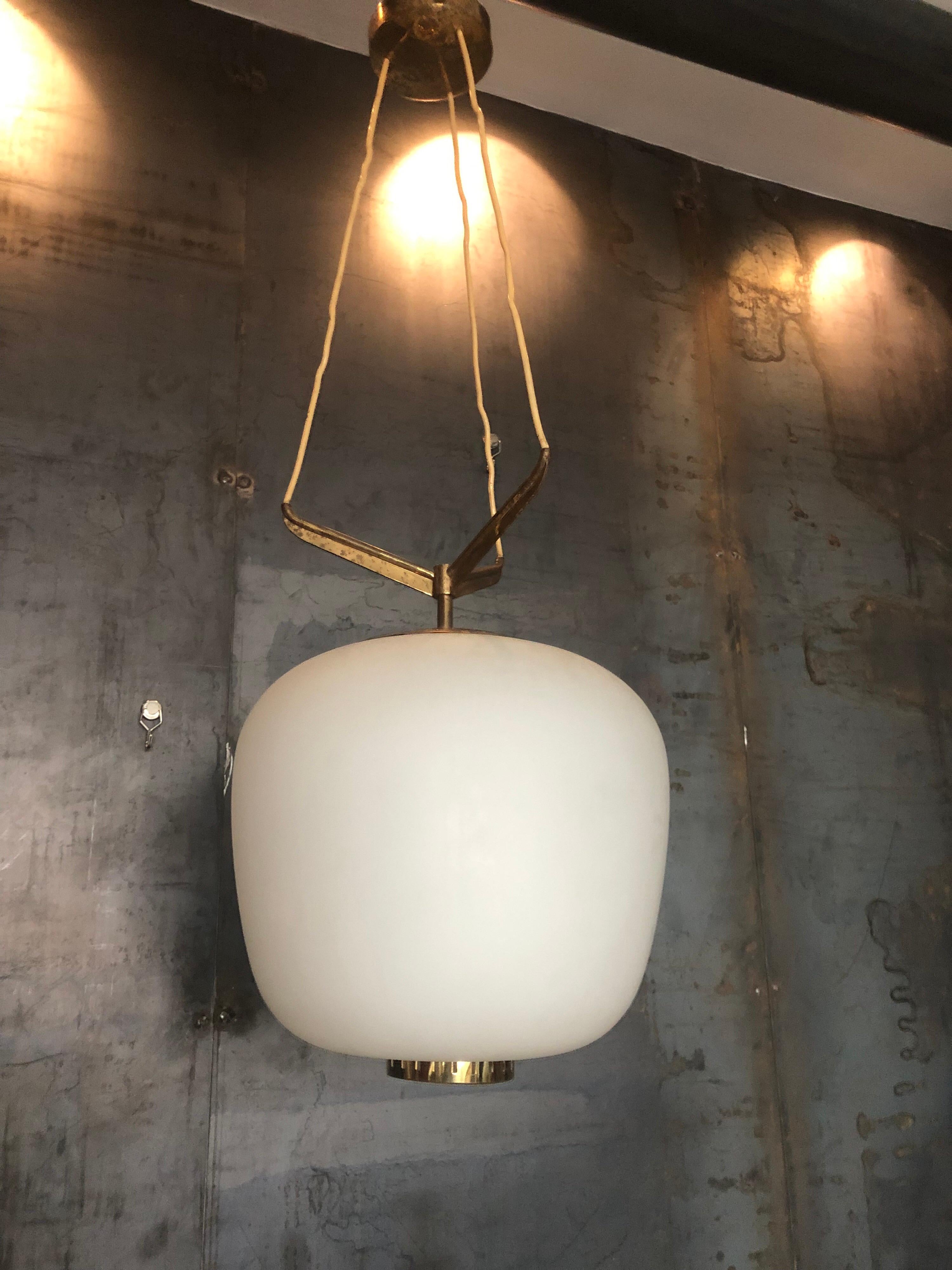 Modern Triple Opaline Glass and Brass Pendant Light by Stilnovo, Italy, 1950s For Sale 9