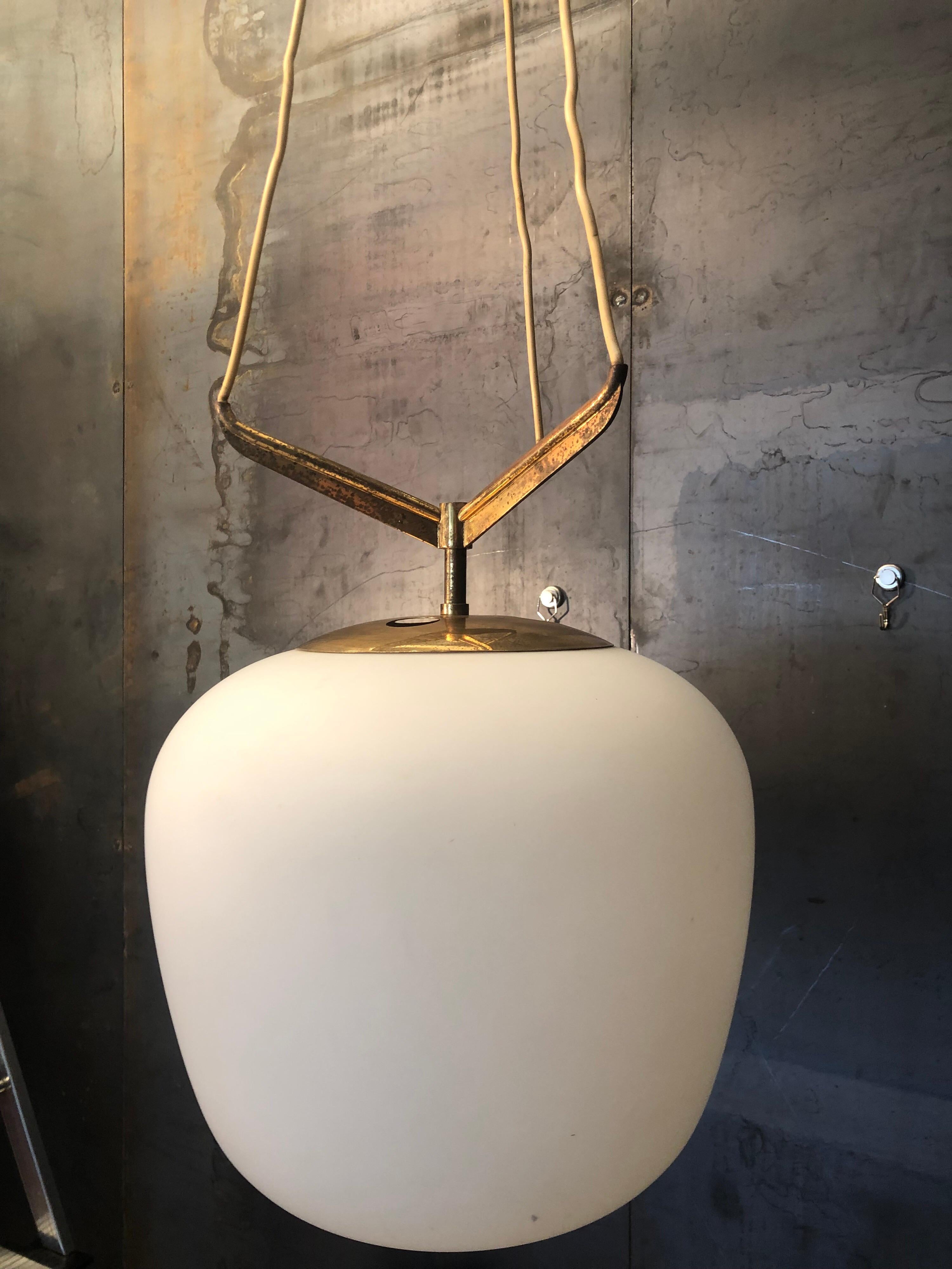 20th Century Modern Triple Opaline Glass and Brass Pendant Light by Stilnovo, Italy, 1950s For Sale