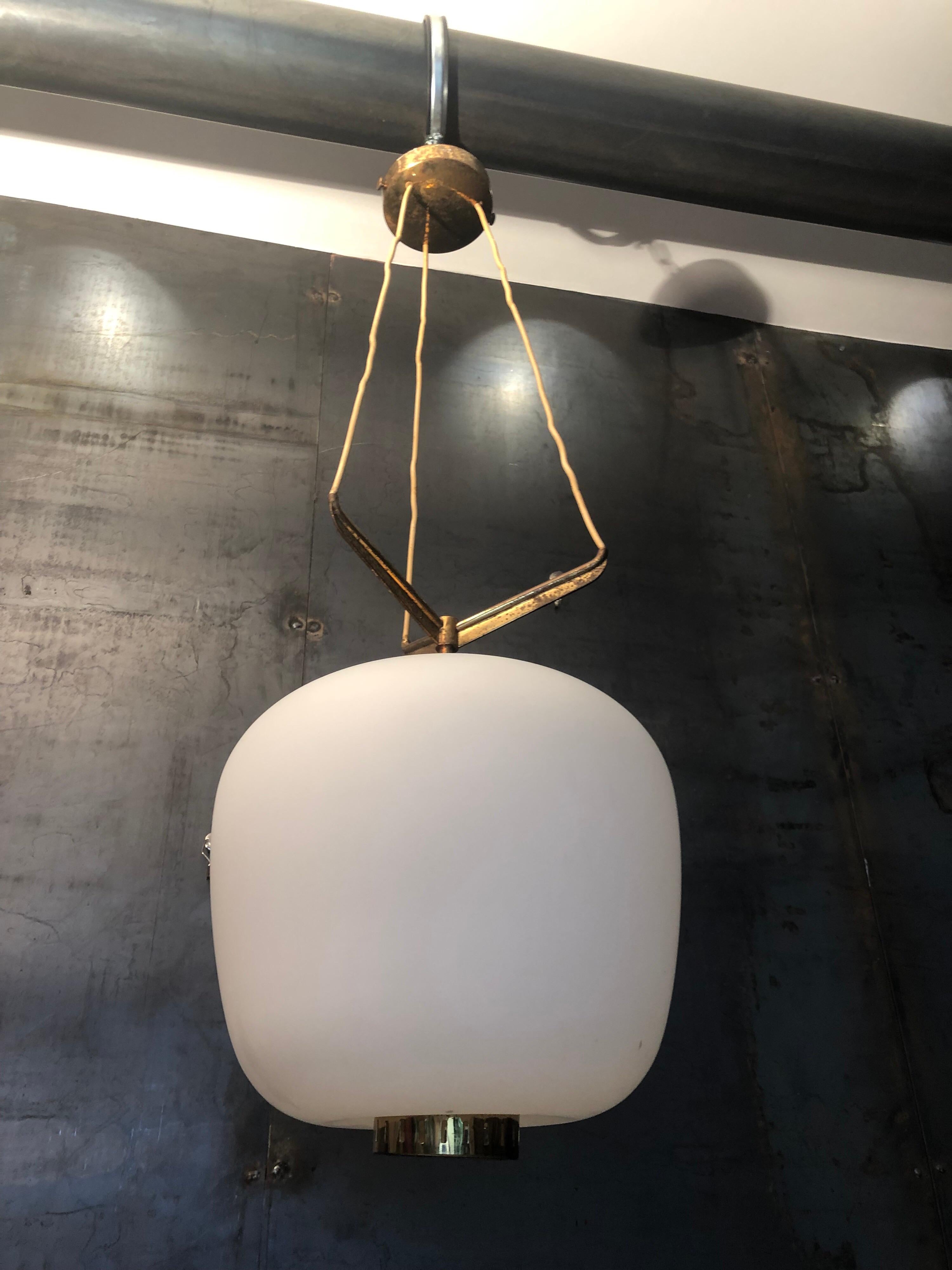 Modern Triple Opaline Glass and Brass Pendant Light by Stilnovo, Italy, 1950s For Sale 1