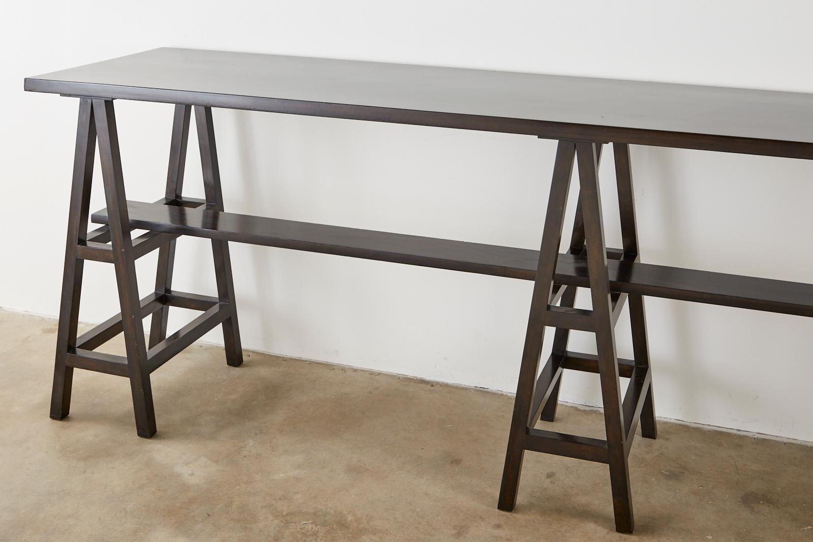 Hand-Crafted Modern Triple Pedestal Sawhorse Console Table or Bar