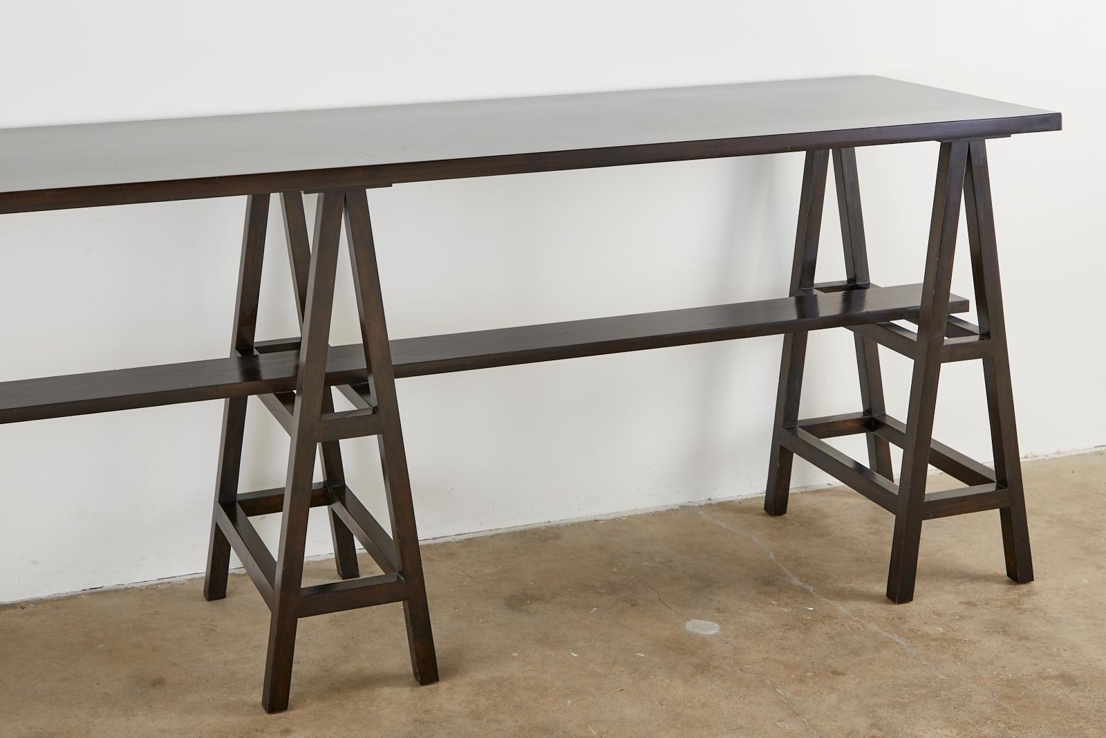 Modern Triple Pedestal Sawhorse Console Table or Bar In Good Condition In Rio Vista, CA