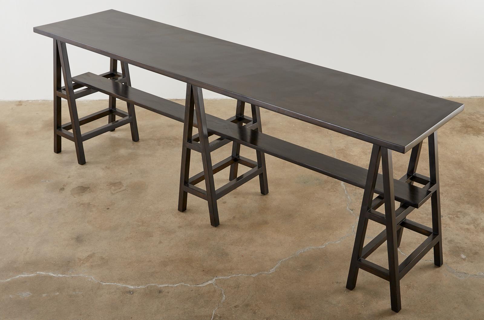 Wood Modern Triple Pedestal Sawhorse Console Table or Bar