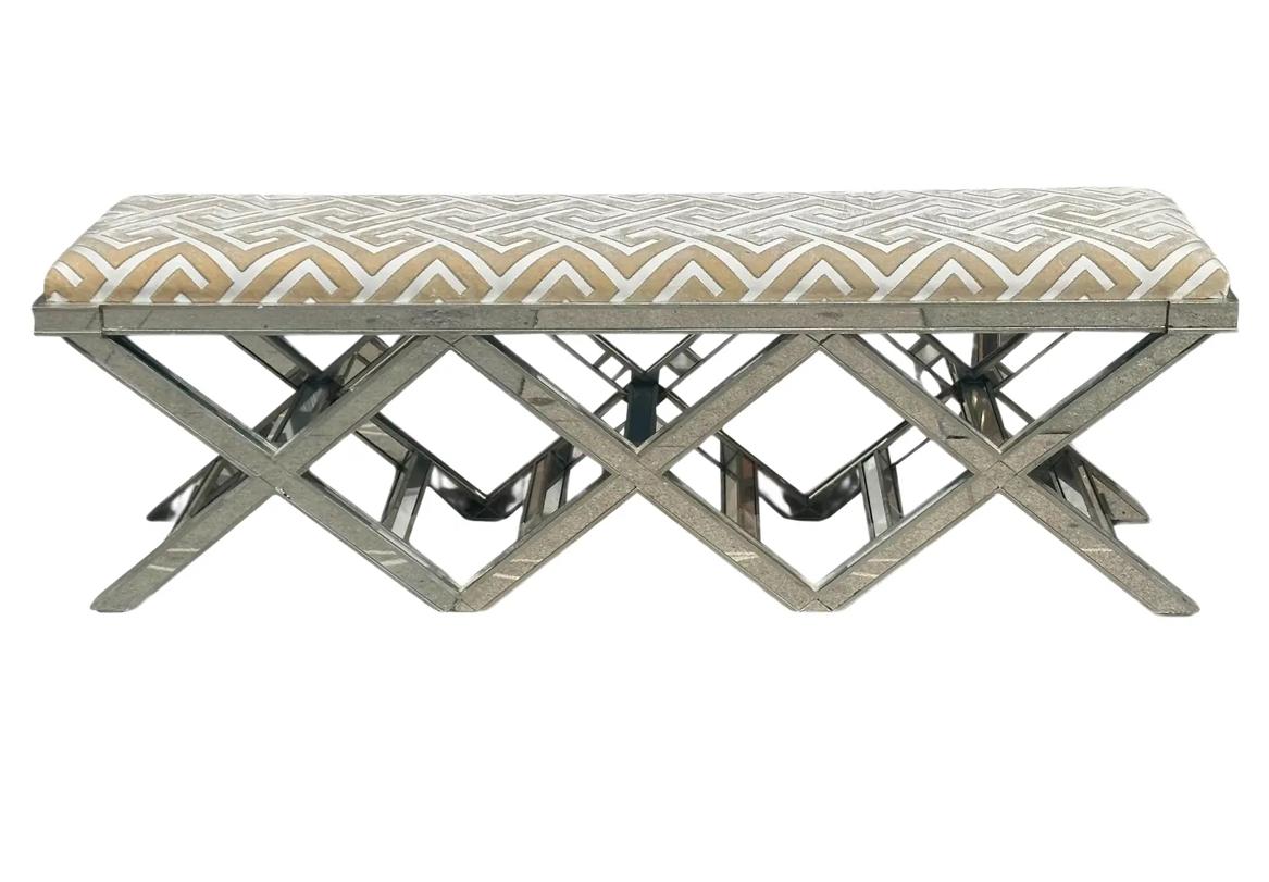 Art déco By Design Modern Triple X Mirrored Designer Bench W Scalamandre Silk Cut Velvet en vente