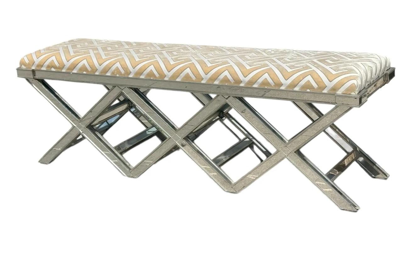 By Design Modern Triple X Mirrored Designer Bench W Scalamandre Silk Cut Velvet Bon état - En vente à LOS ANGELES, CA