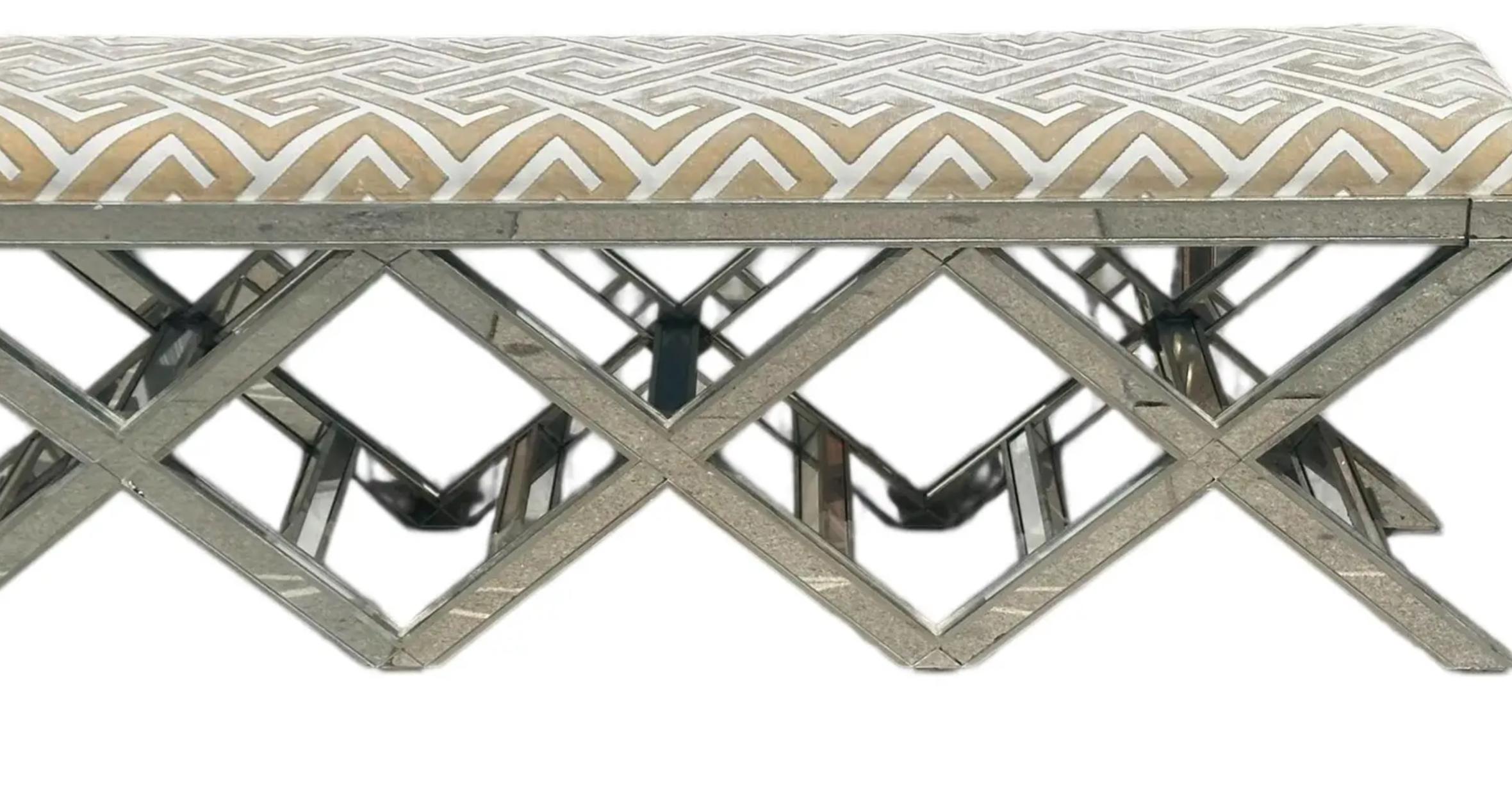 XXIe siècle et contemporain By Design Modern Triple X Mirrored Designer Bench W Scalamandre Silk Cut Velvet en vente