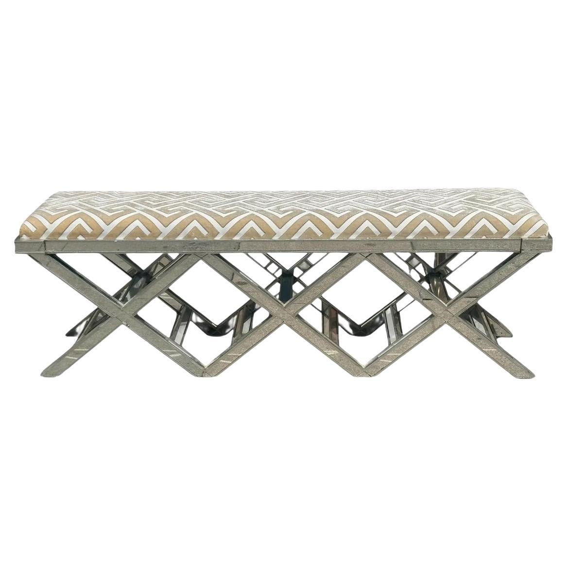 Modern Triple X Mirrored Designer Bench W Scalamandre Silk Cut Velvet