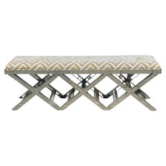 Modern Triple X Mirrored Designer Bench W Scalamandre Silk Cut Velvet