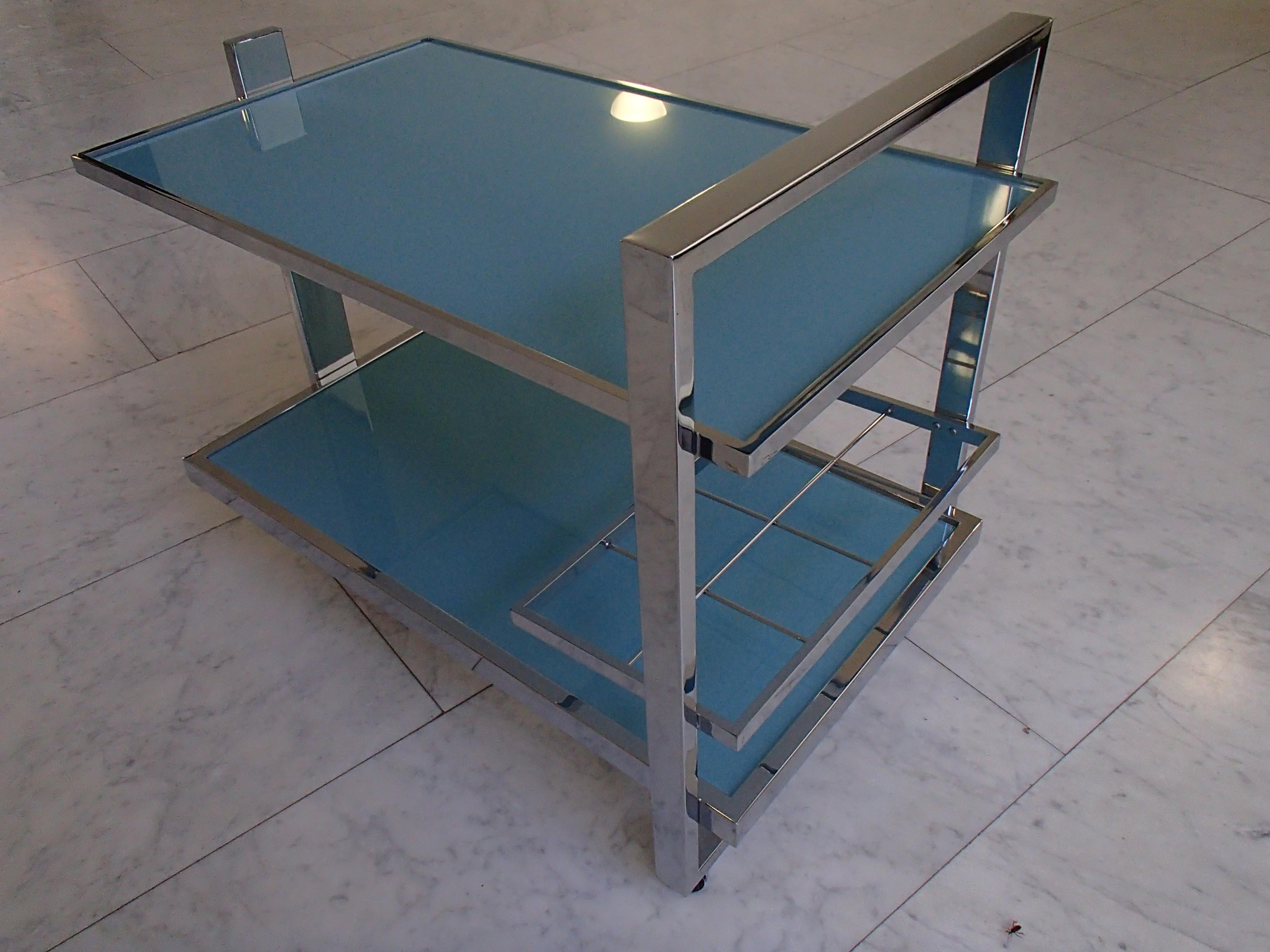 French Modern Trolley Chrome Turquoise Glas Shelf's For Sale