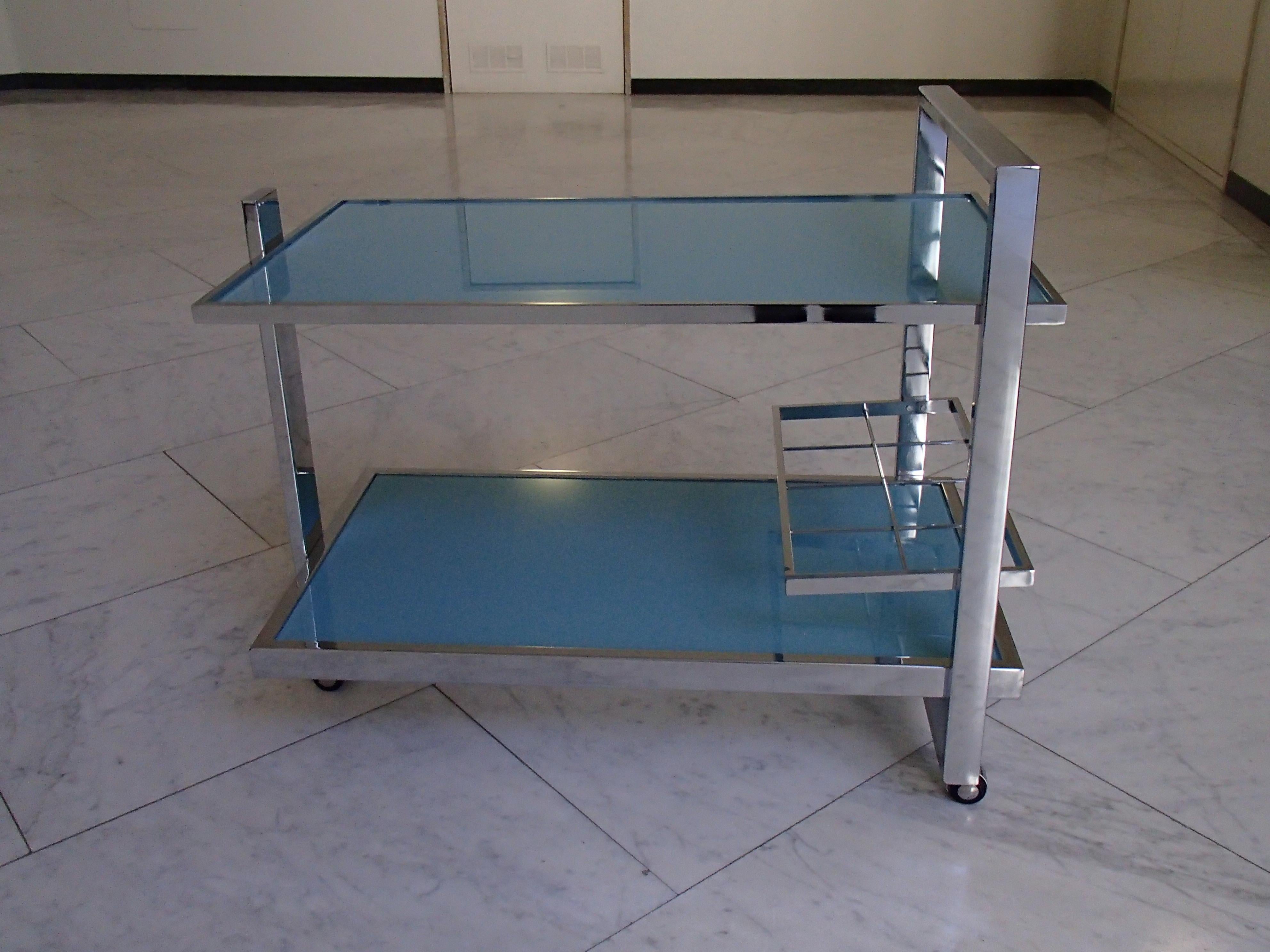 Late 20th Century Modern Trolley Chrome Turquoise Glas Shelf's For Sale