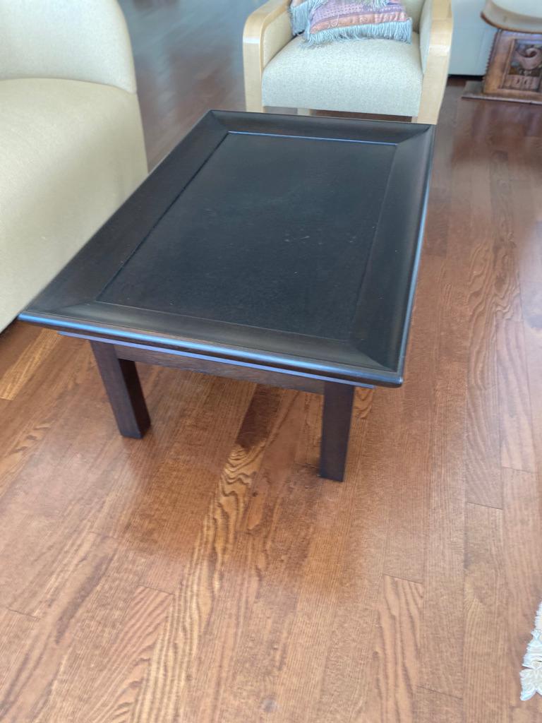 This black lacquered coffee table from Troscan design has a wide rim surrounding the middle squared off legs add to the design.