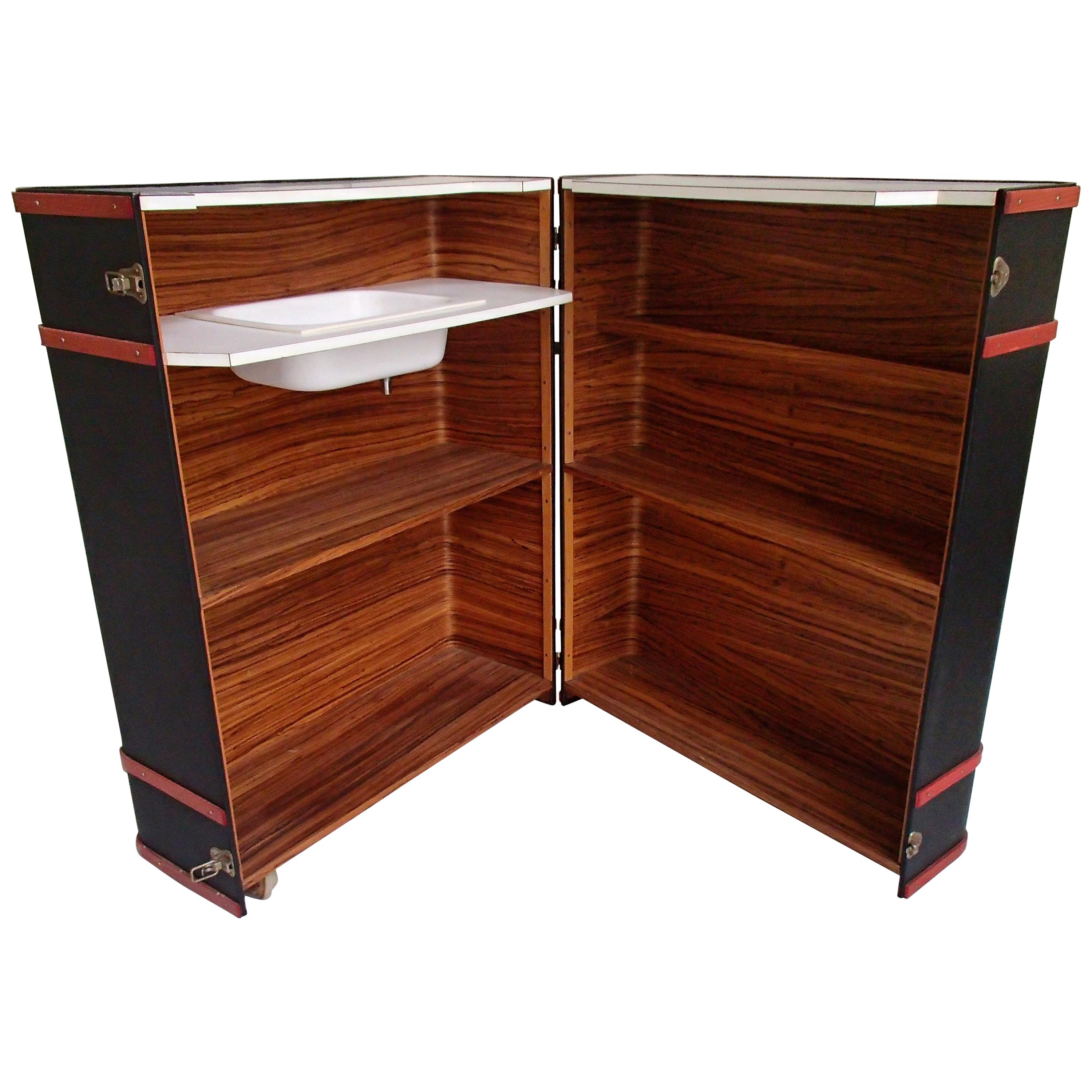 Modern Trunk Bar Black and Red with Sink Inside on Wheels For Sale