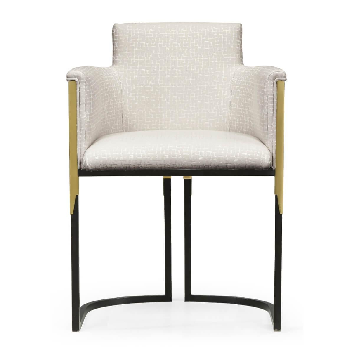 Modern tub back upholstered dining chair with a Eucalyptus wood veneered back and brass frame.

This fabric is no longer available. 

The price is per chair.

Dimensions: 22 1/2