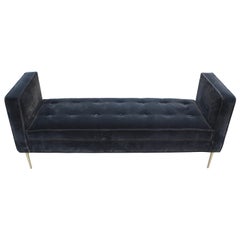 Modern Tufted Armed Bench in Dark Grey Velvet with Brass Legs