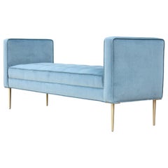 Modern Tufted Armed Bench in Light Blue Velvet with Brass Legs