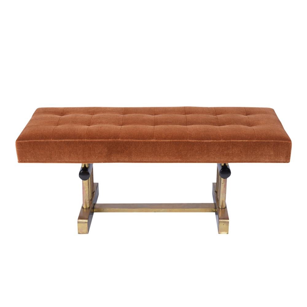 This French Tufted Mohair bench is made out of a brass and wood combination, with newly upholstered tufted seat cushion, and has been professionally restored. This bench features a newly upholstered seat in an orange mohair fabric, topstitch finish,