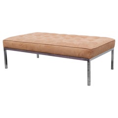Modern Tufted Knoll Style Camel Colored Chrome Rectangle Leg Bench