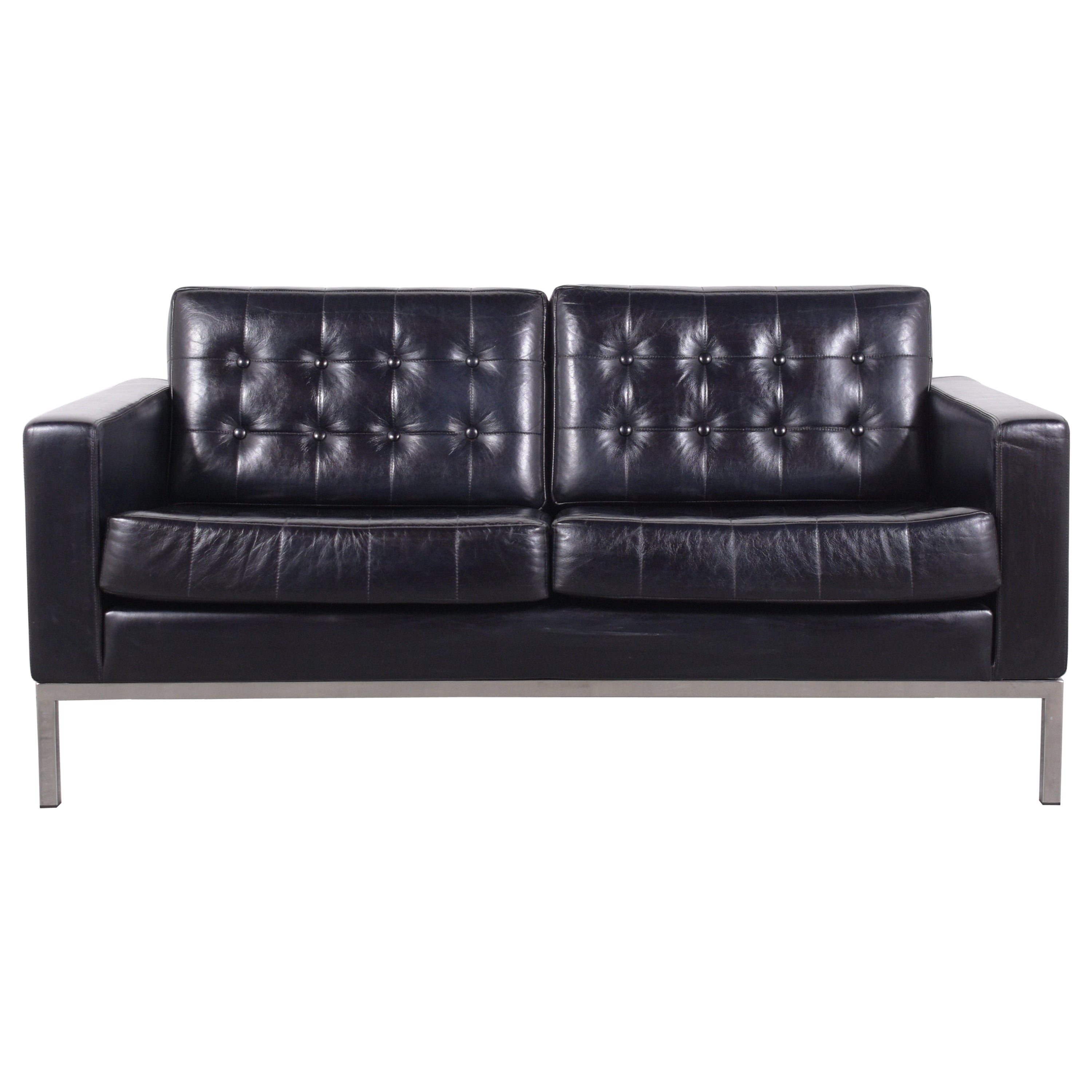Modern Tufted Leather Loveseat: Dark Navy Blue Inspired by  Milo Baughman Design