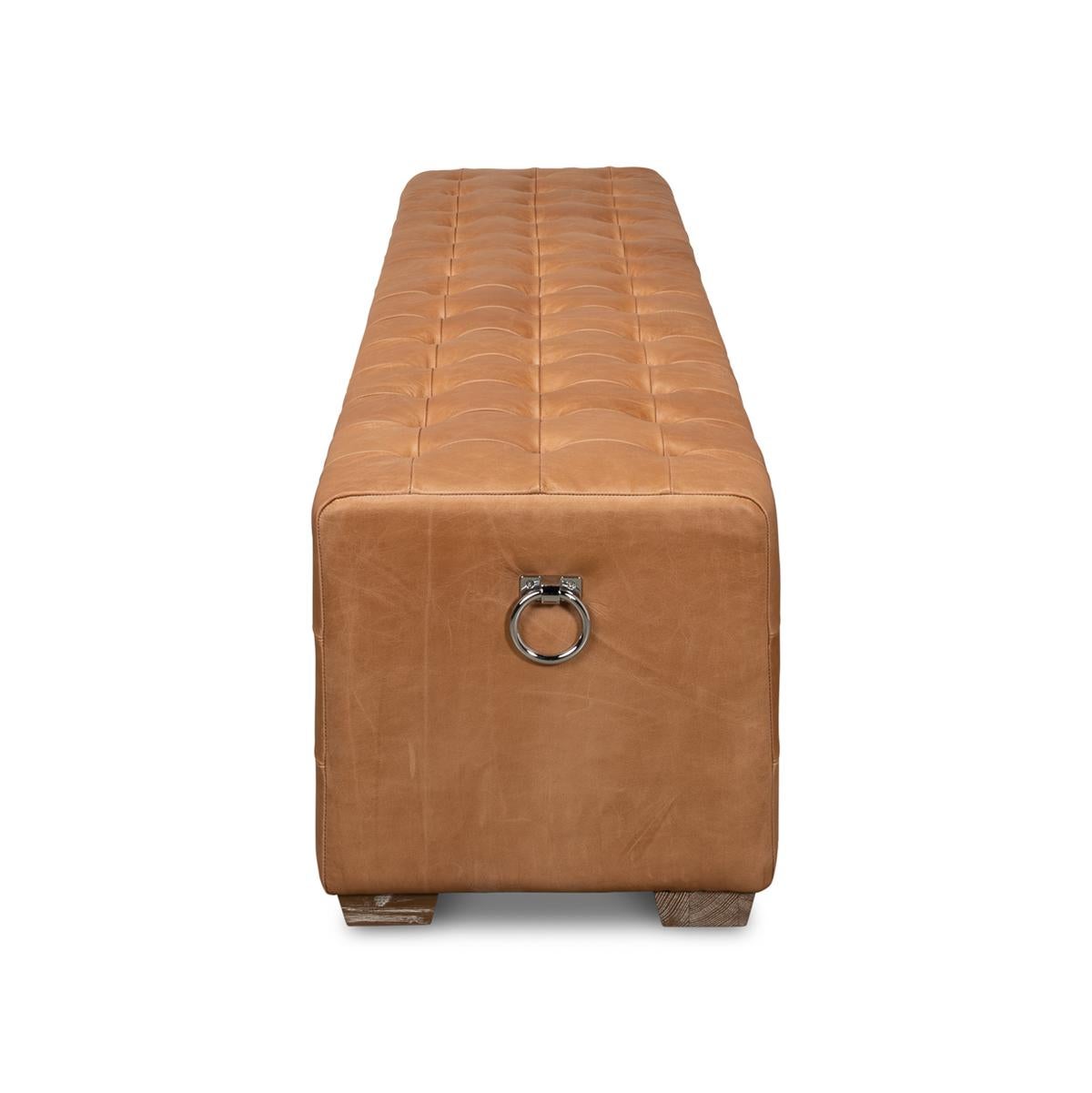 Asian Modern Tufted Leather Upholstered Bench For Sale