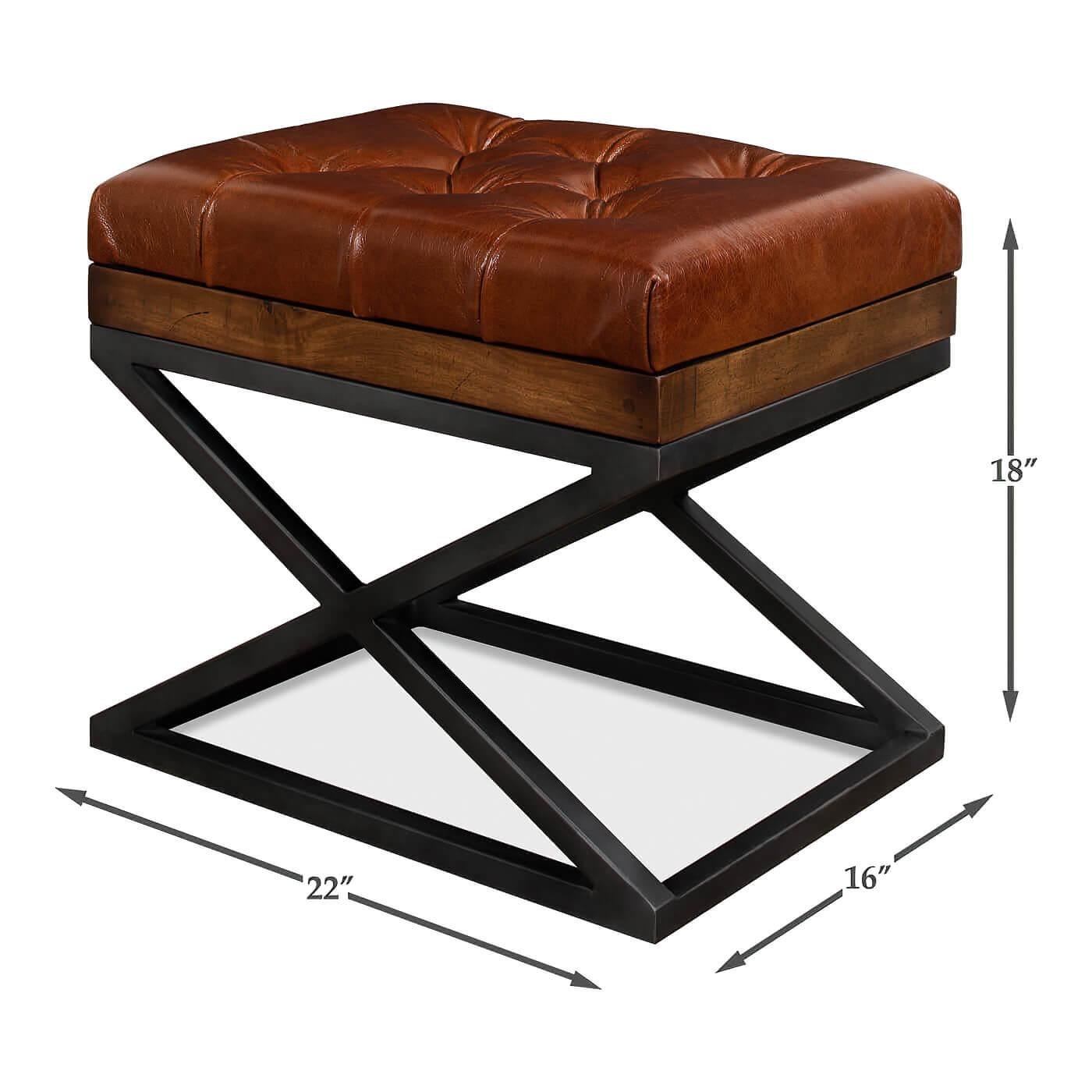 Modern Tufted Leather X Frame Stool In New Condition For Sale In Westwood, NJ