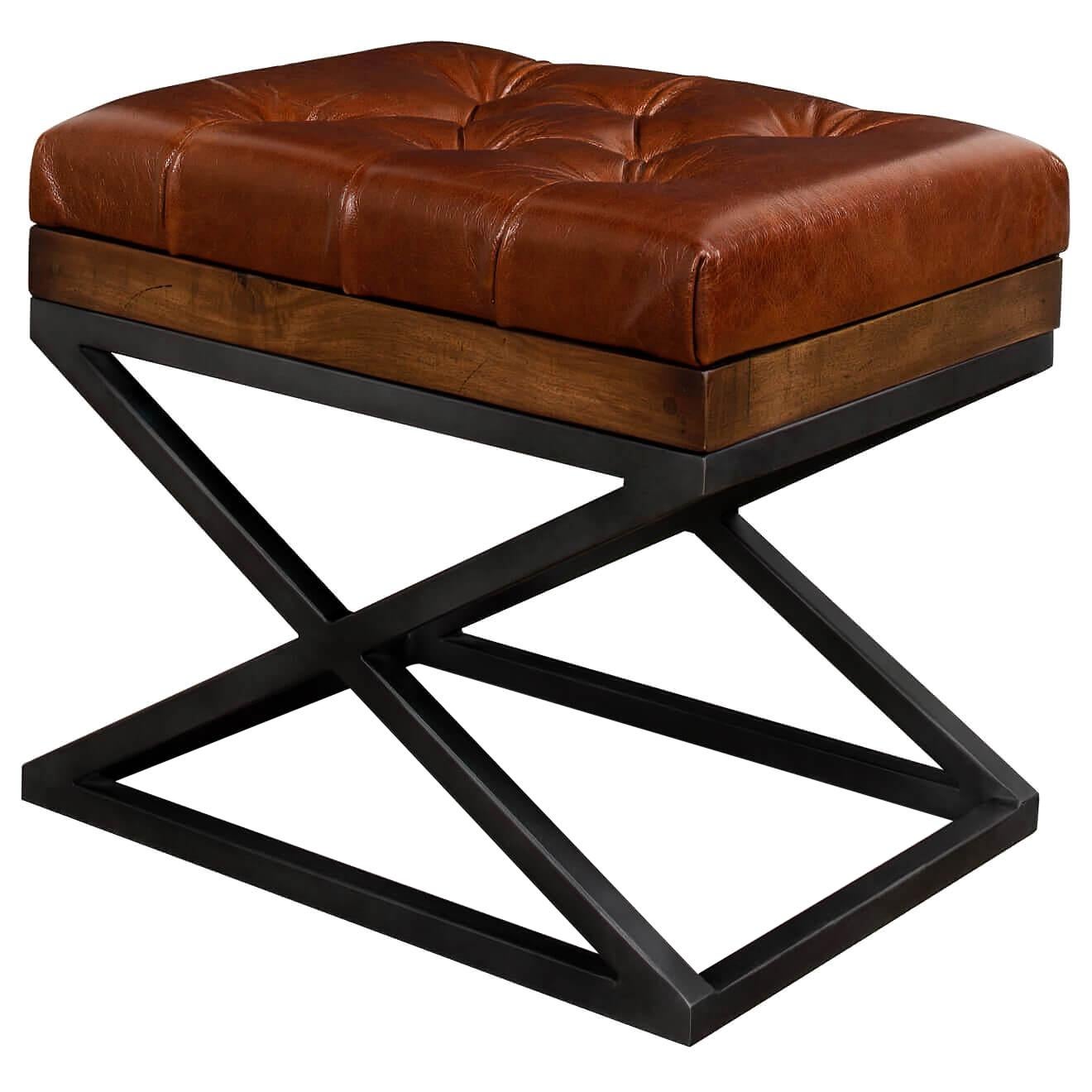 Modern Tufted Leather X Frame Stool For Sale