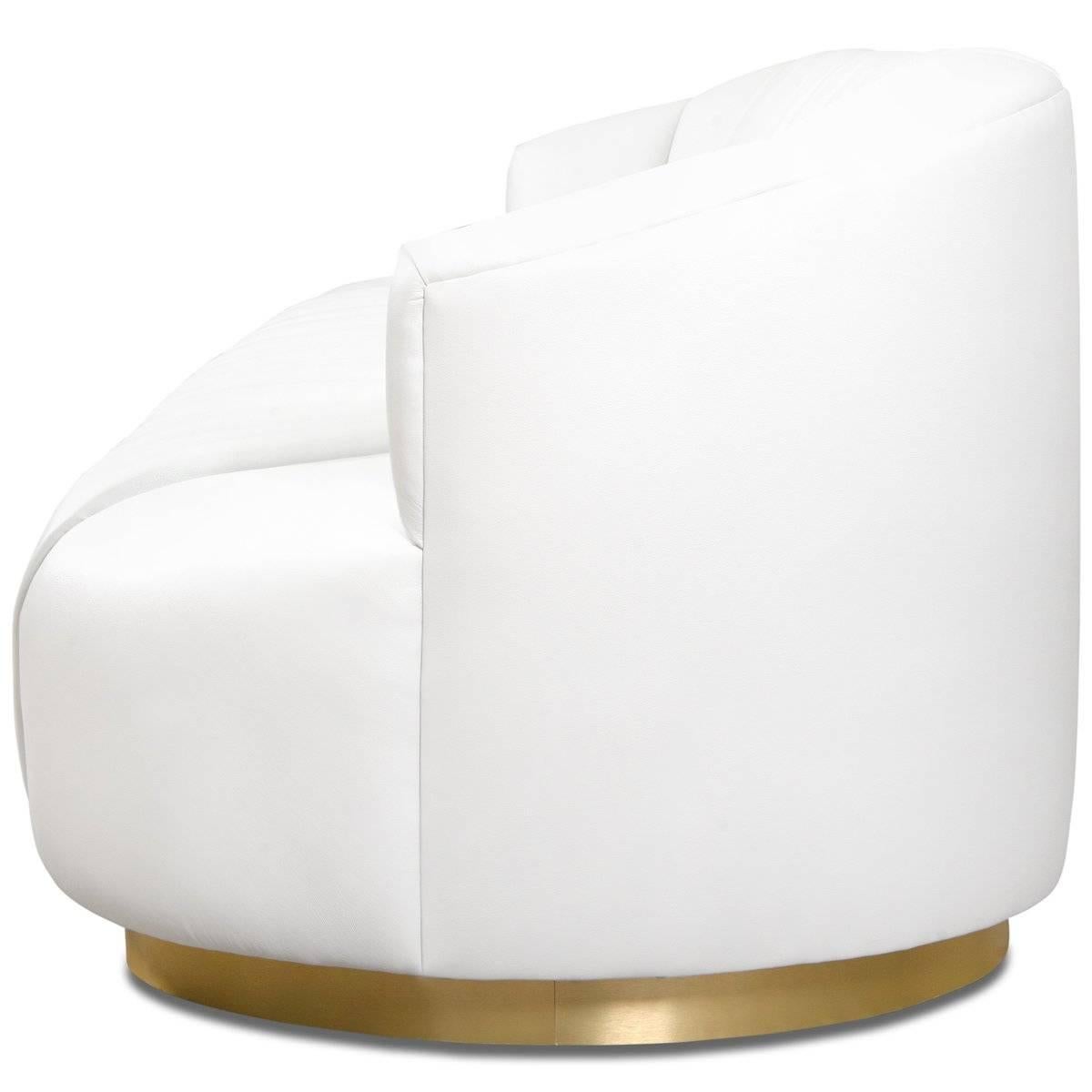 Chinese Modern Tufted Pearl White Faux Leather Sofa with Channel Tufting & Brass Toekick For Sale