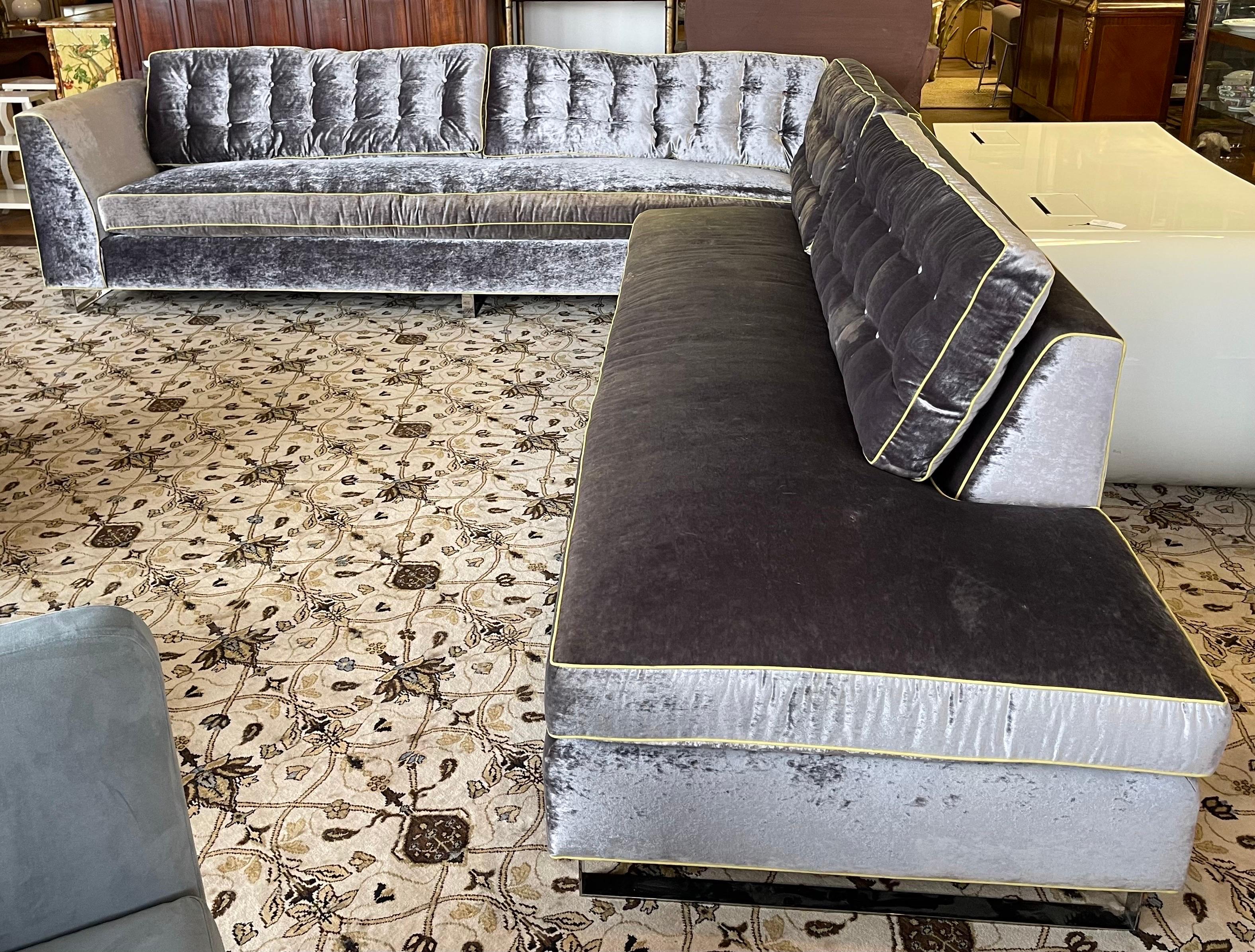 Magnificent, one of a kind bespoke two piece sectional sofa done for a client
in a luxurious Donghia gray silk and crushed velvet fabric with a chartreuse welt. The color turns an iridescent silver or grey depending on how the light hits it. The