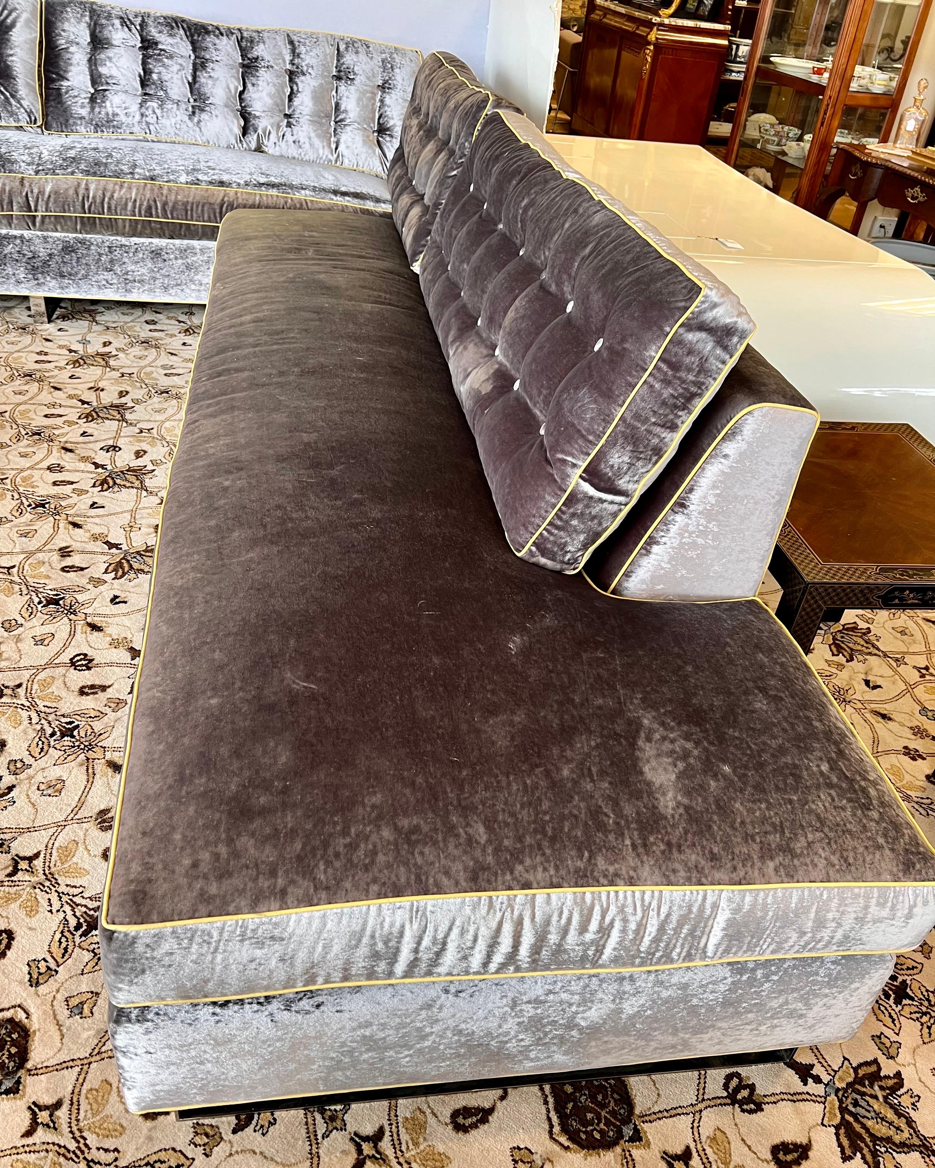 Contemporary Modern Tufted Sectional Sofa in Luxury Gray Velvet with Chartreuse Welt XL