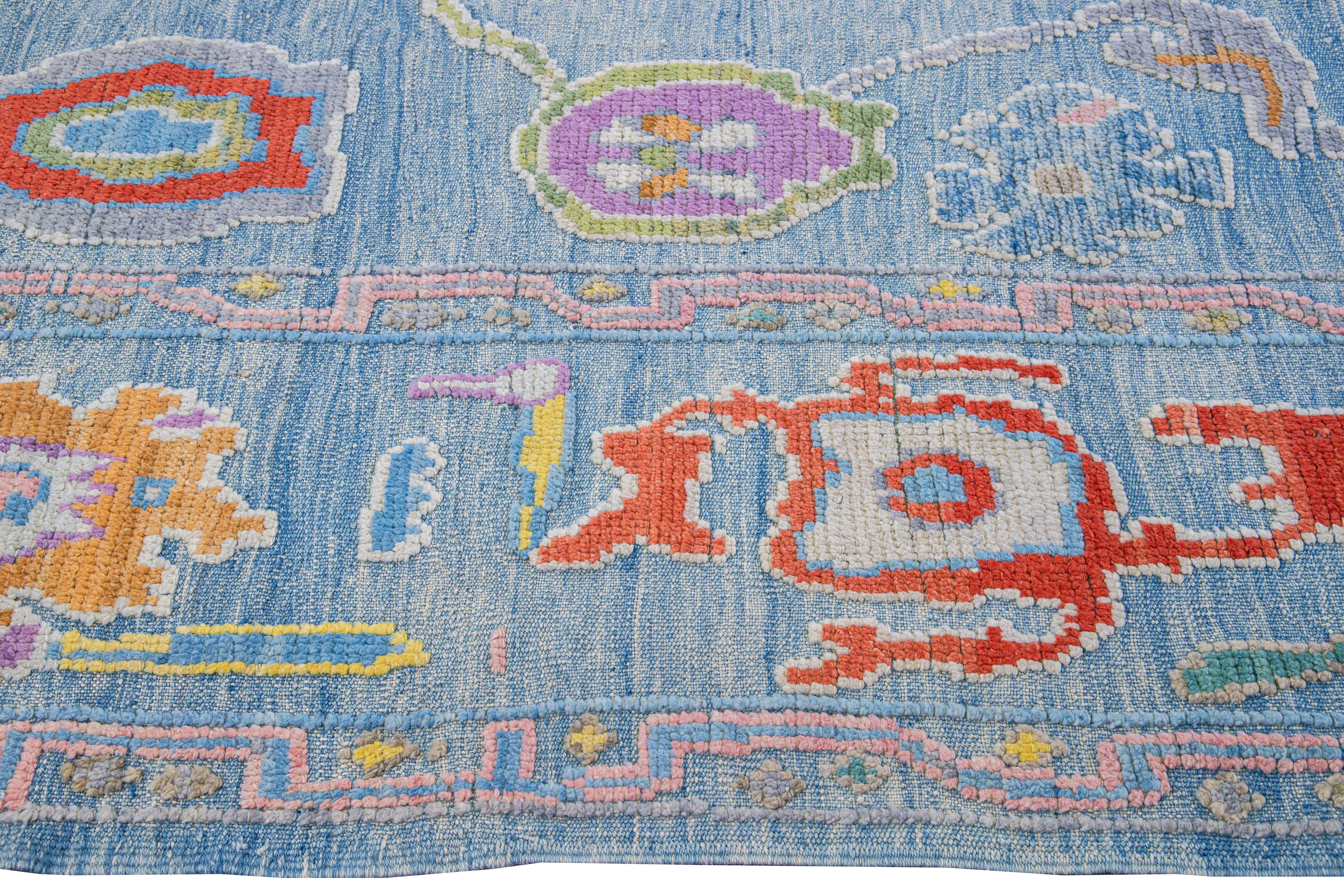 Modern Tulu Handmade Geometric Blue Wool Rug For Sale 4