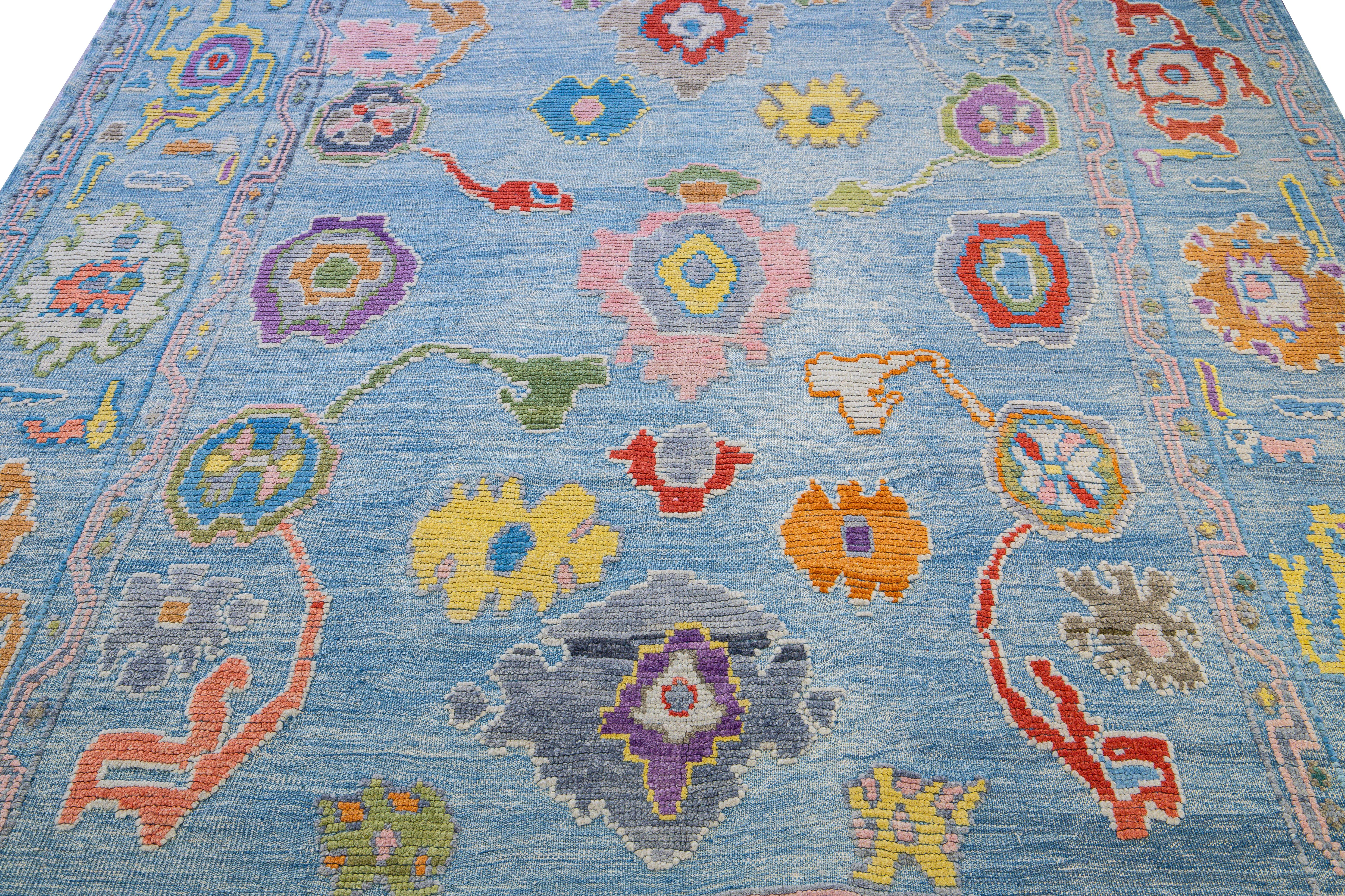 Turkish Modern Tulu Handmade Geometric Blue Wool Rug For Sale