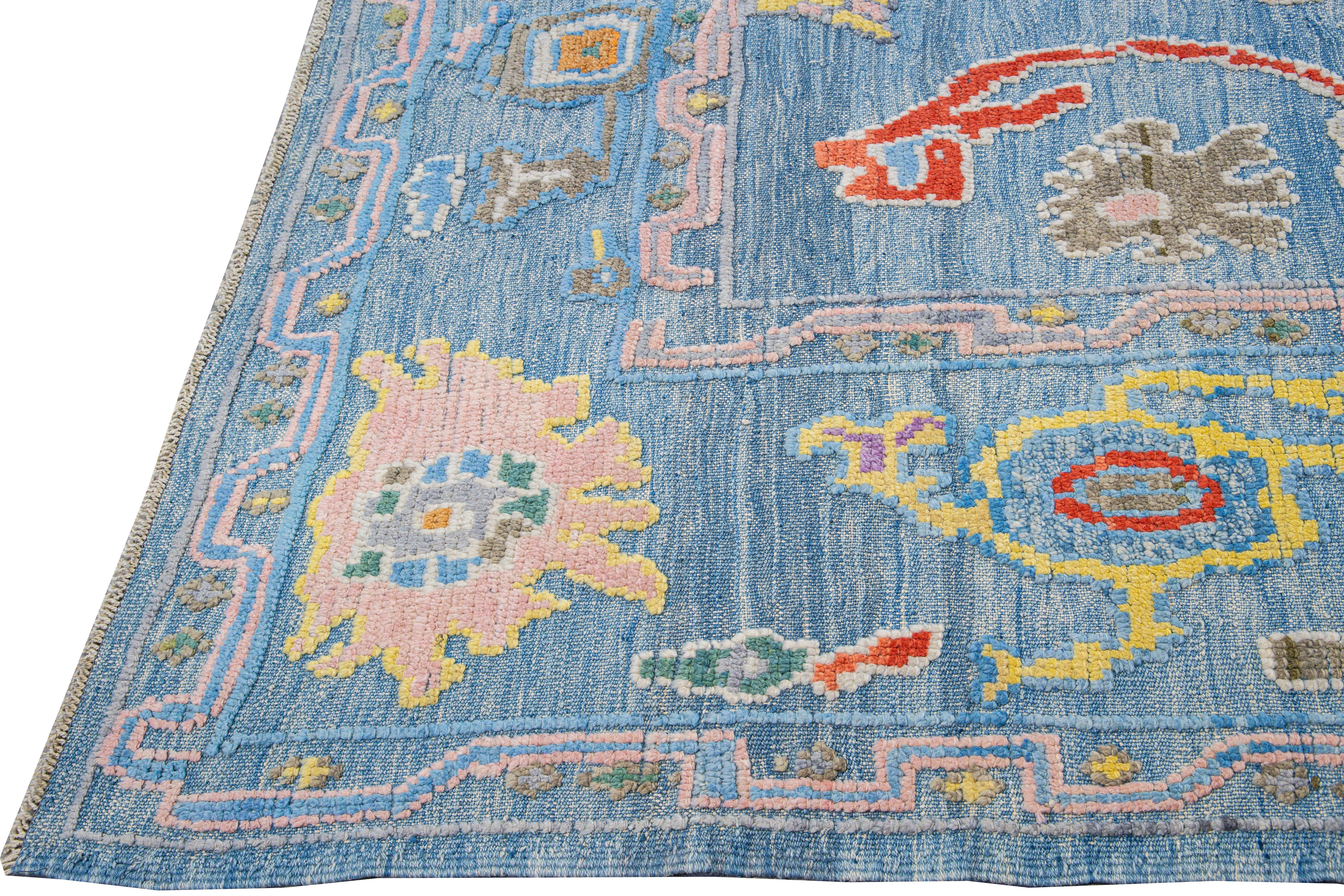 Hand-Knotted Modern Tulu Handmade Geometric Blue Wool Rug For Sale