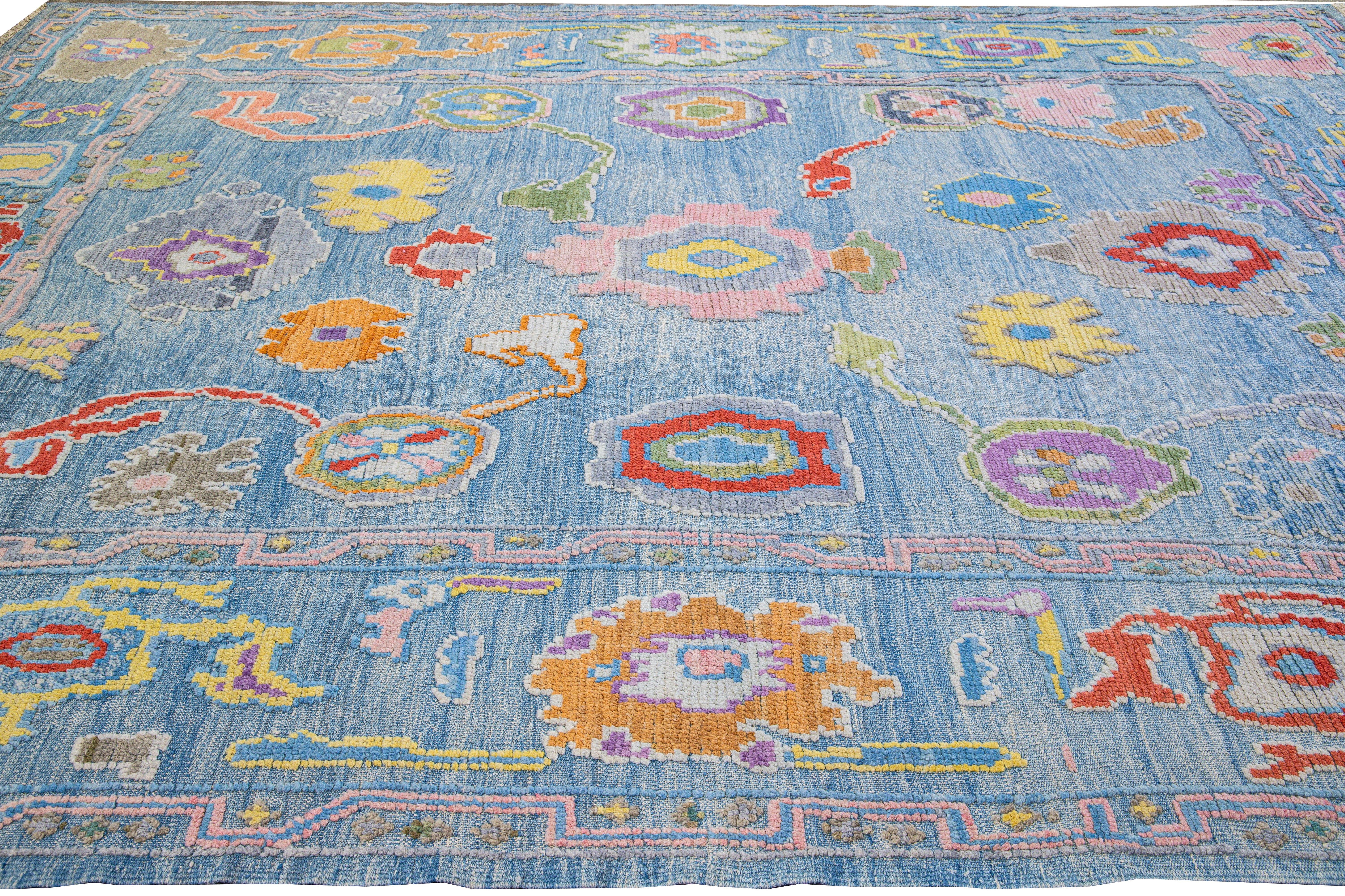 Contemporary Modern Tulu Handmade Geometric Blue Wool Rug For Sale