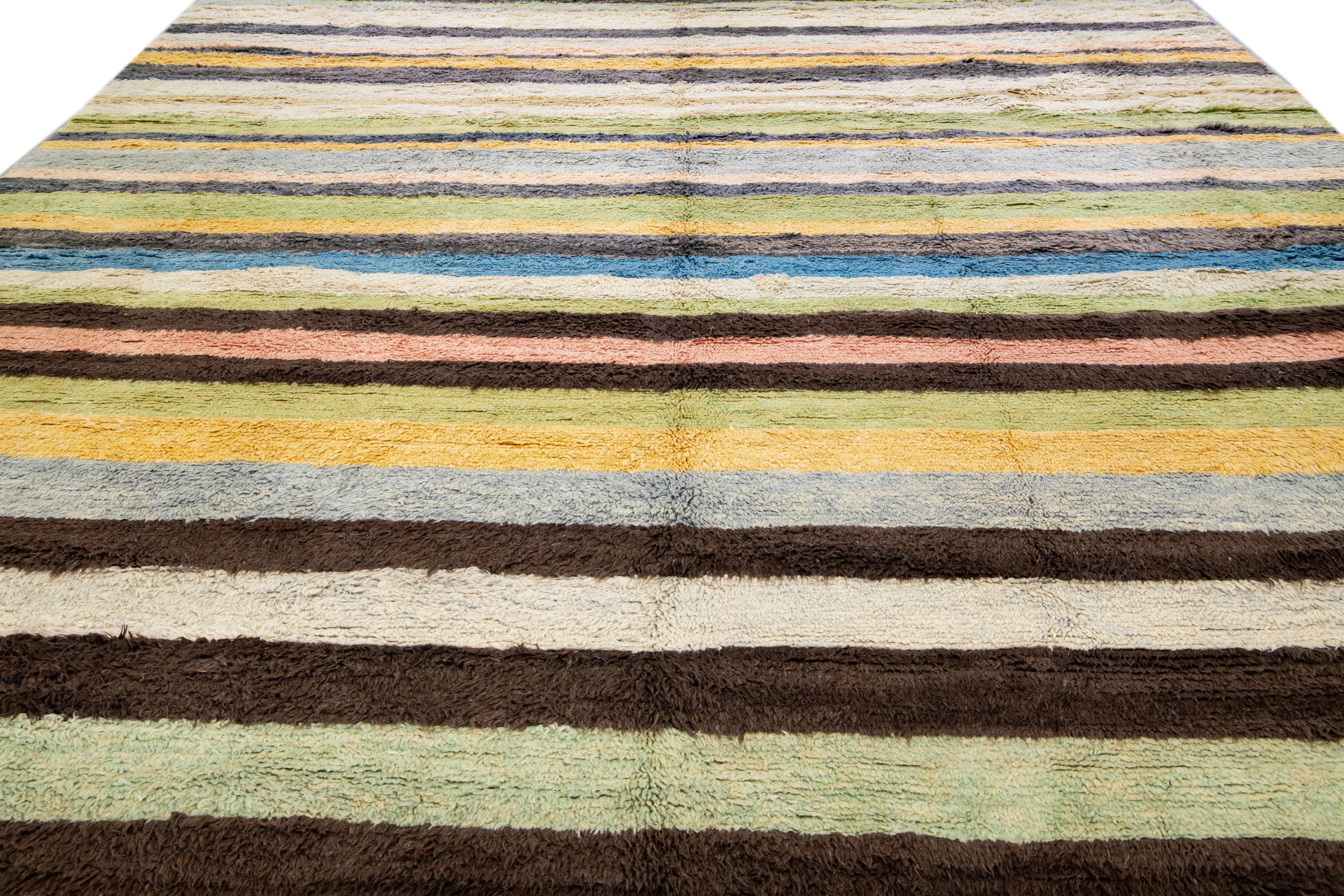 Turkish Modern Tulu Handmade Striped Pattern Multicolor Wool Rug For Sale