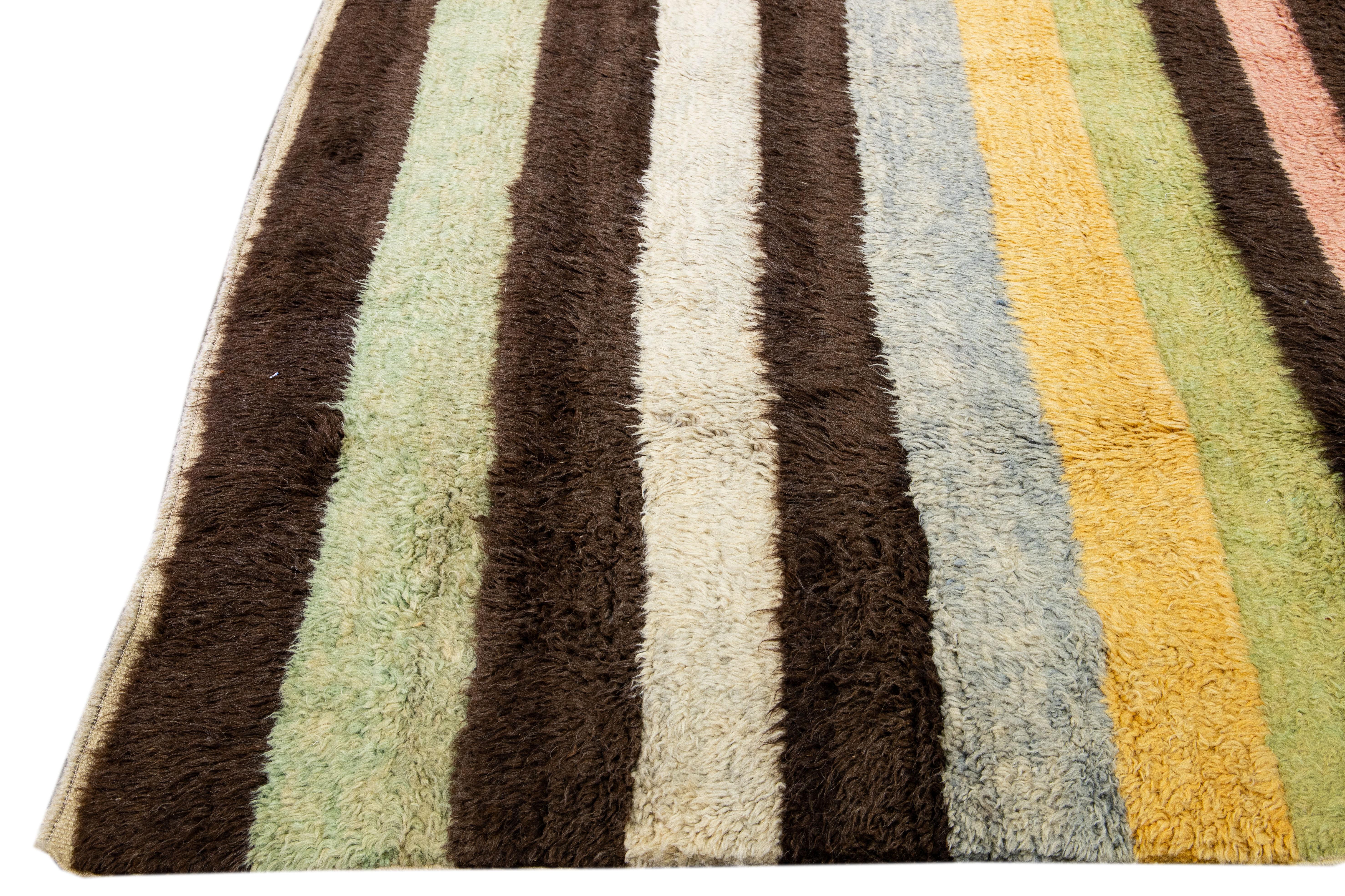 Hand-Knotted Modern Tulu Handmade Striped Pattern Multicolor Wool Rug For Sale
