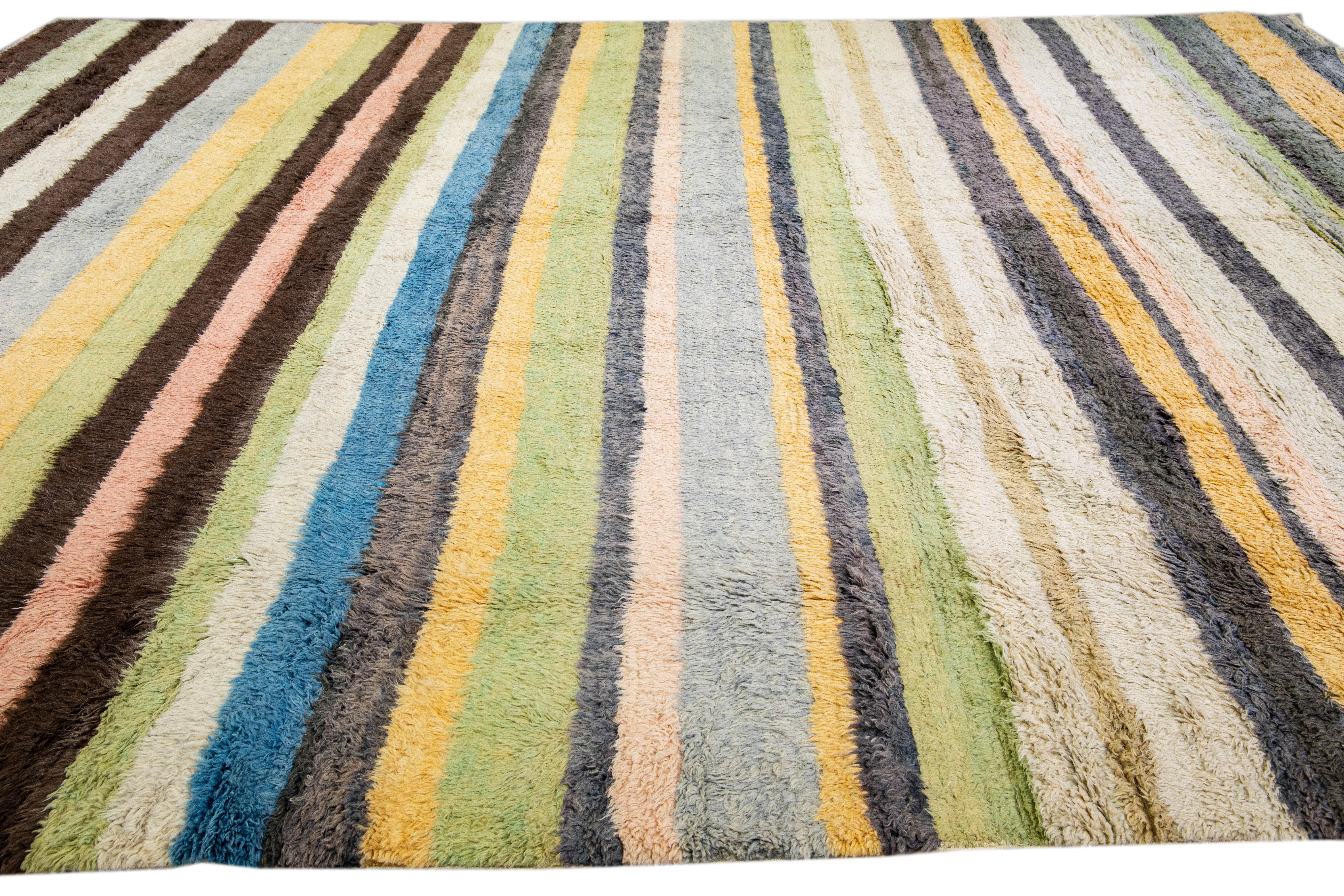 Modern Tulu Handmade Striped Pattern Multicolor Wool Rug In New Condition For Sale In Norwalk, CT