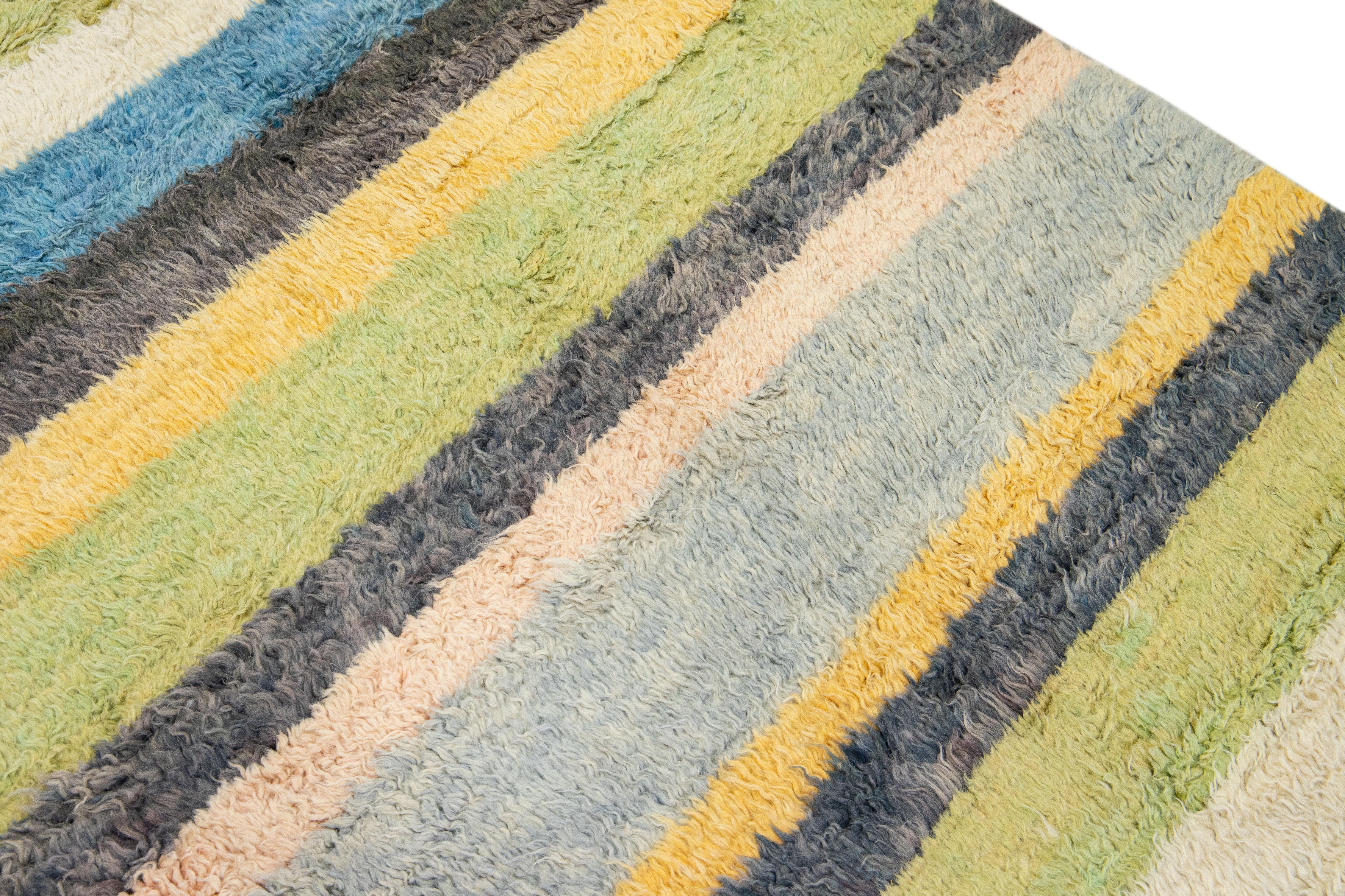Contemporary Modern Tulu Handmade Striped Pattern Multicolor Wool Rug For Sale