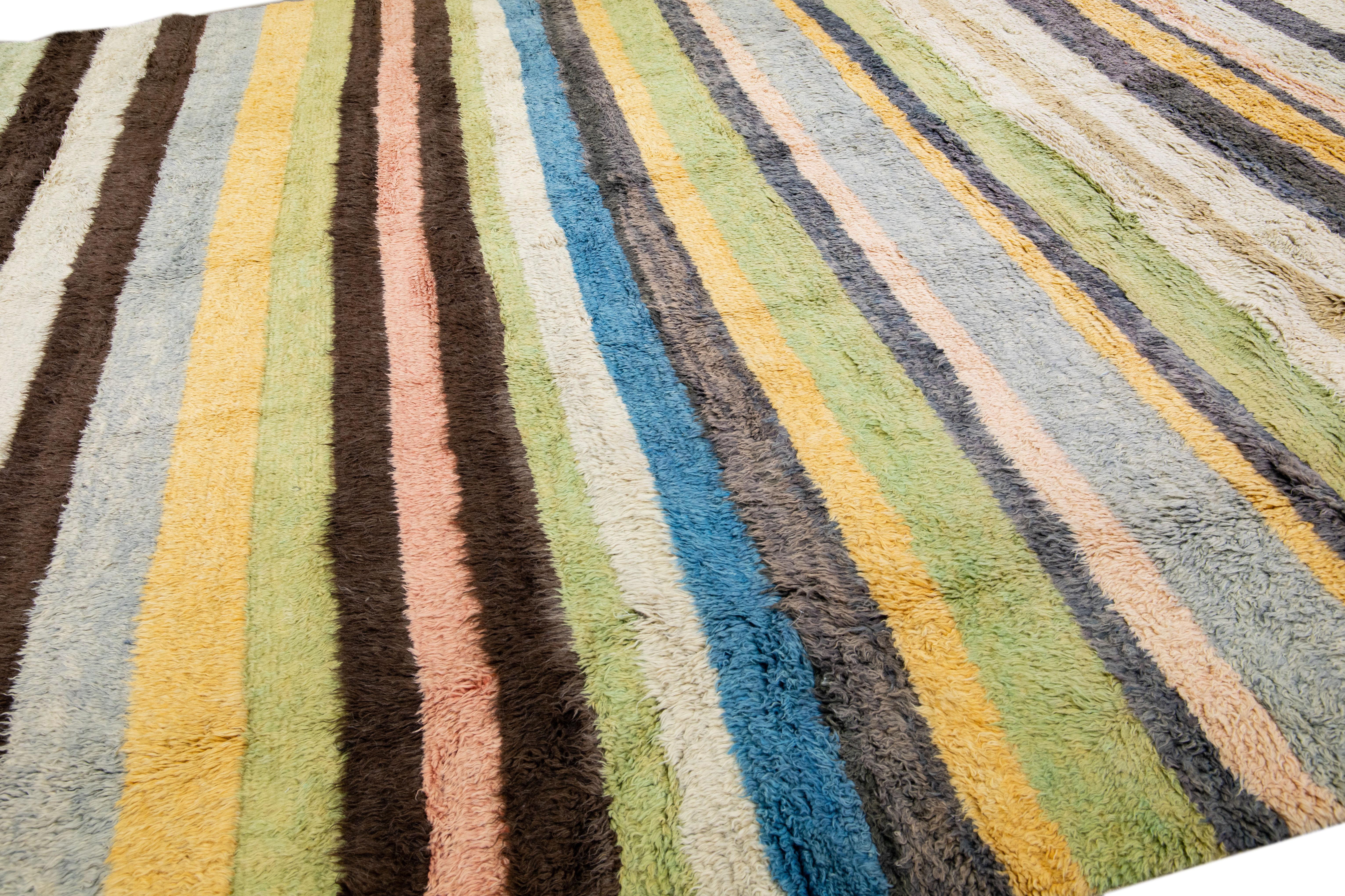 Modern Tulu Handmade Striped Pattern Multicolor Wool Rug For Sale 1